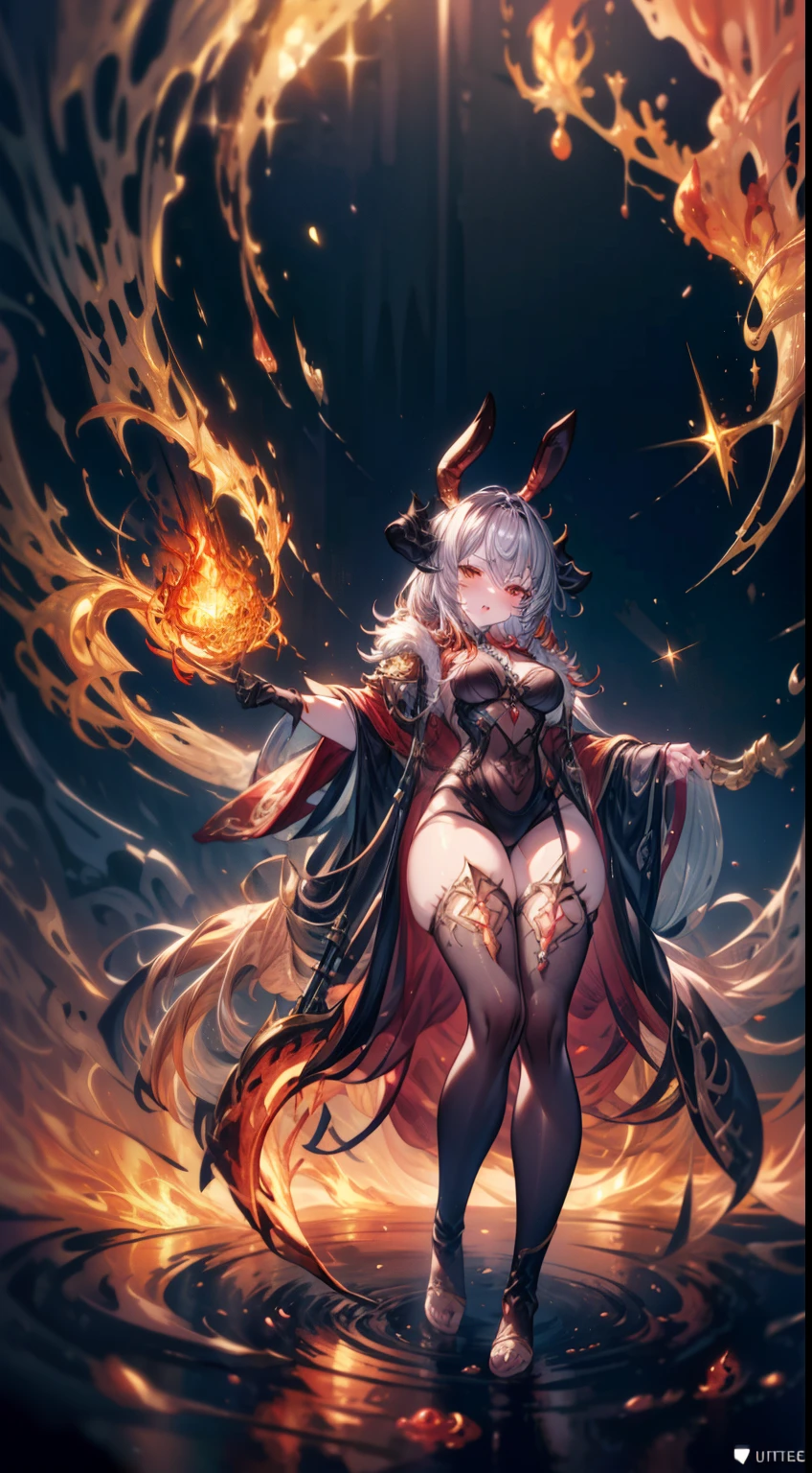 Dragon horns, big drangon tail, Fullbody, feet, standind, foot silver goddess in flame-red pleated skinny cloth with golden lines accents, long sleeves, fireball, satin, fur, (stockings), decollete, natural breasts, slim body, big weapons, ((rune lines on skin)), zettai ryouiki, medium length hair with golden red strands, beautiful detailed bright fire eyes, bunny ears, portrait, most realistic, highest quality, best quality, Detailed,Realistic, 4k highly detailed digital art, leotard, octane render, bioluminescent, (cool_color), best pixels, 8k ultra