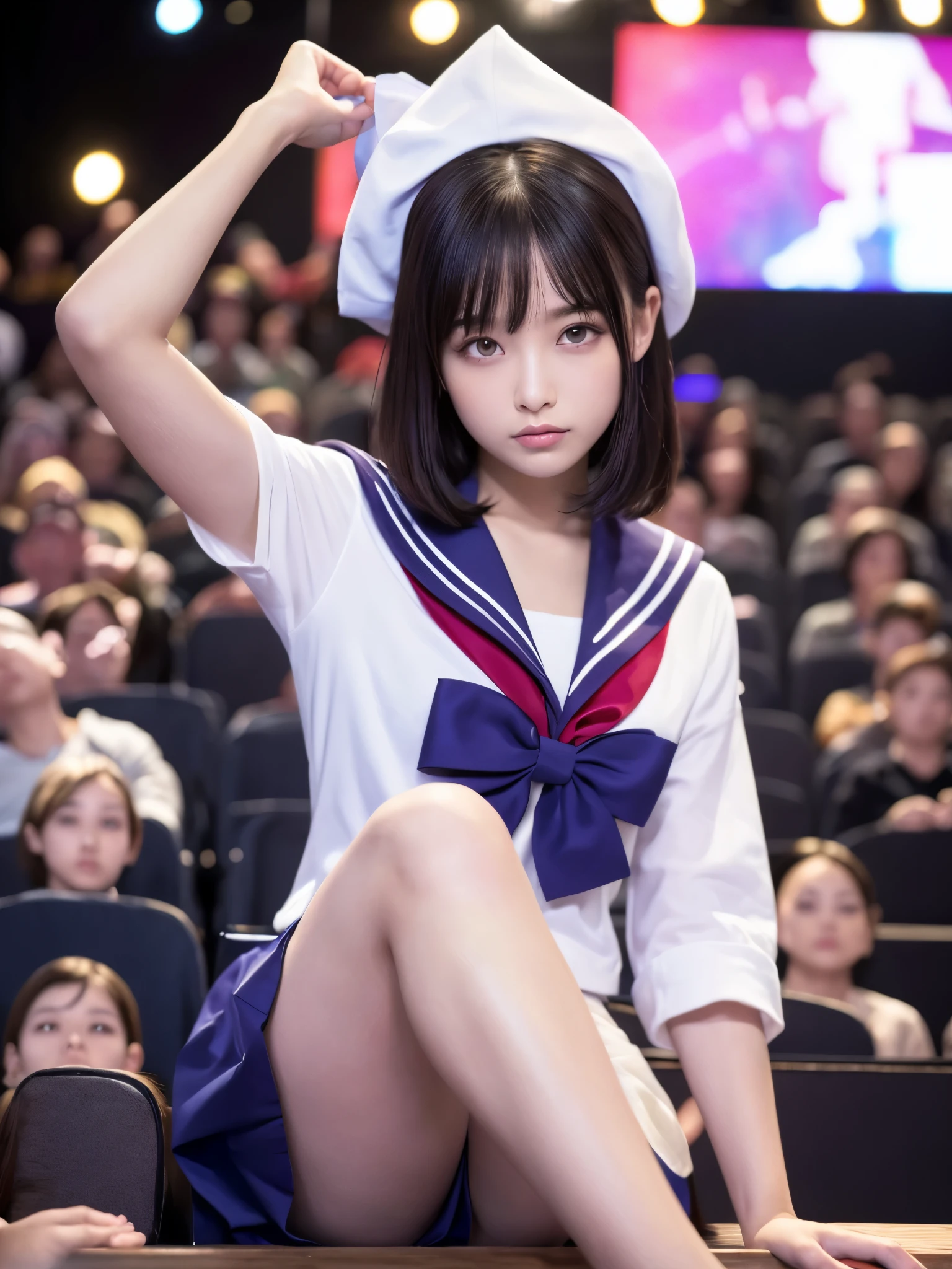 White base with purple-red sailor suit、tulle skirt、20-year-old, Performing on an empty stage, cute core、(bob hair)、(((watching the audience)))、ribbon on head、(自然でDetailed face立ち、beautiful and detailed eyes、beautiful and dense lips、very detailed eyes、Detailed face、long eyelashes)(8K resolution)、High resolution、masterpiece:1.2 )、Super detailed、(real、photorealistic、photorealistic: 1.37)、8K、fantastic lighting、bright colors、sitting posture、bold spread legs、(anatomically correct)、(perfect body proportions)、(natural hands、natural fingers)