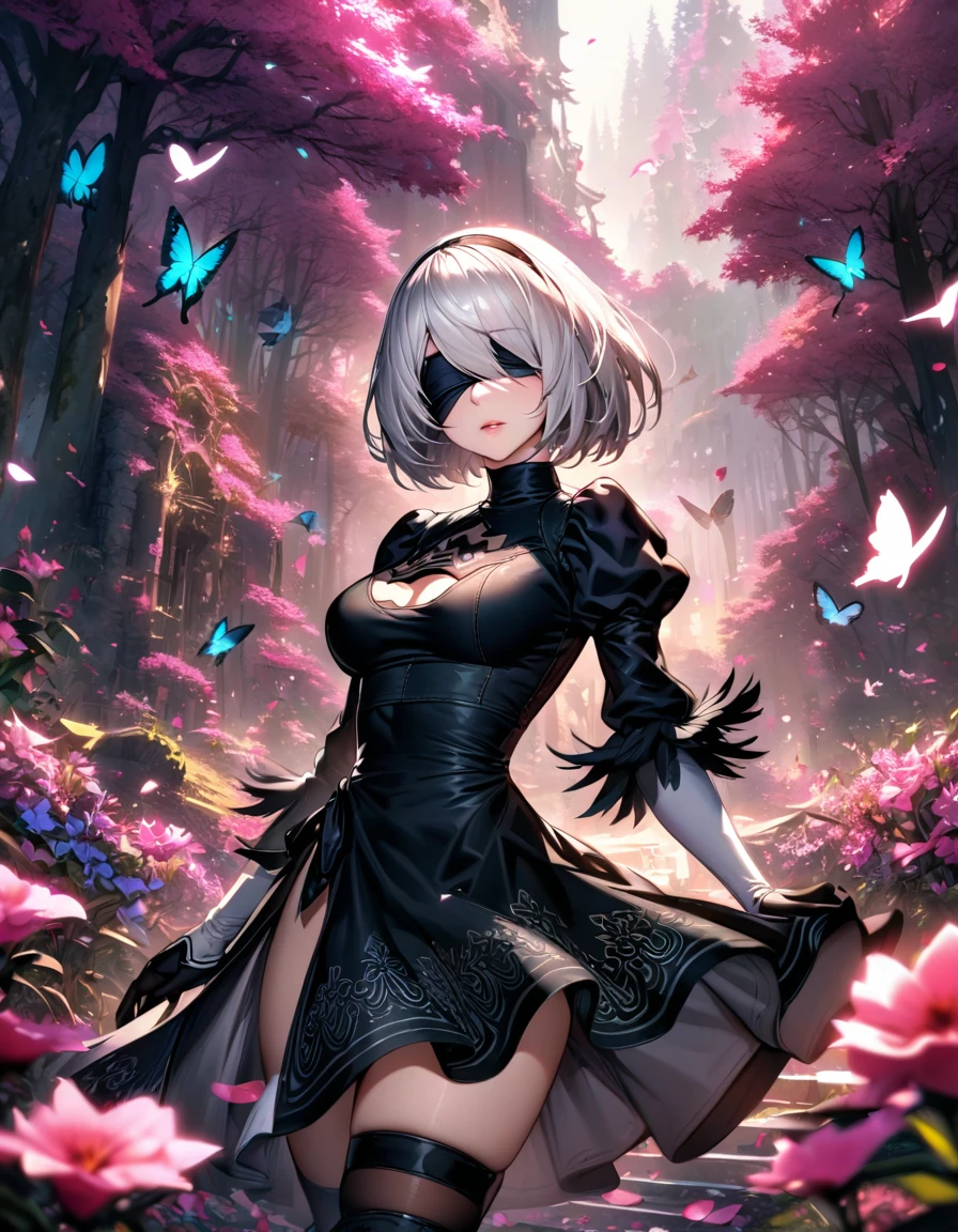 Ultra detailed, highres, absurdres, HDR, 2B, Nier Automata, white hair, eyes blindfolded, extremely beautiful, 1 woman only, pink forest, butterflies, flowers, petals, black clothes