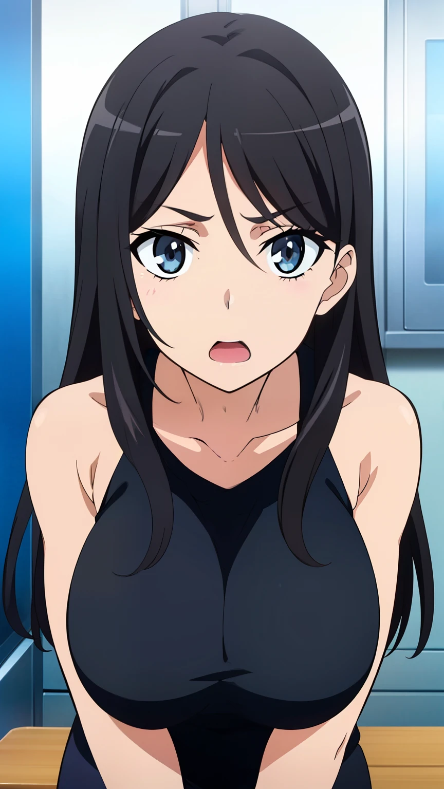 ((table top, highest quality, High resolution, anime screen cap, anime colors, In 8K, anime key visual)):1.5, Blowmailing, 1 girl, cute, blush, (long black hair:1.5), 18 years, big breasts, inner,shorts, ((perfect anatomy, beautiful and detailed face, detailed and beautiful eyes, beautiful fine hair, beautiful and detailed body)), Beautiful contours, 