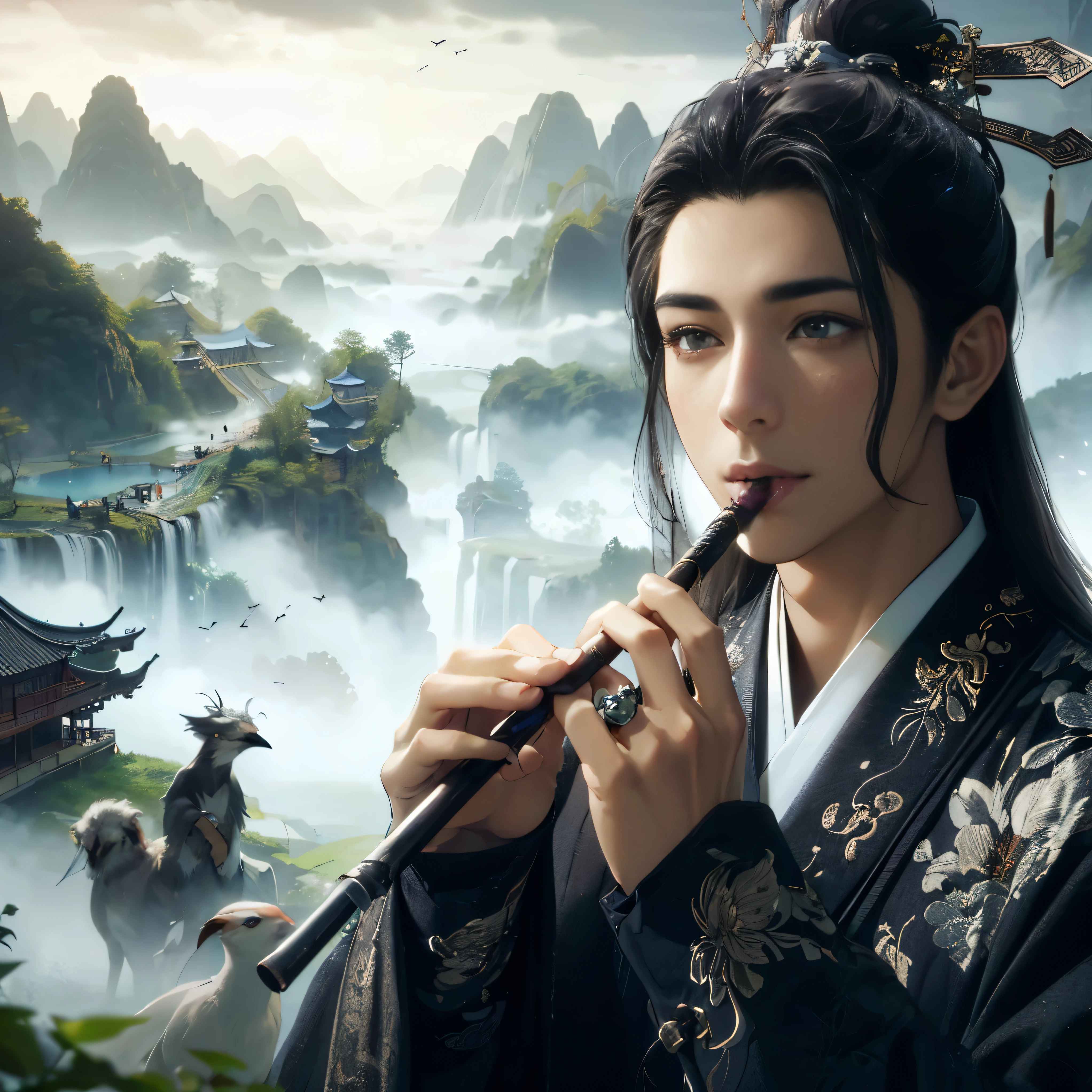 (Best Quality:1.2), (high resolution:1.2), (beautiful face and eye:1.2), (sharpest focus:1.2), (Ultra-realistic Photo:1.2), (Ultra-precise Photo:1.2), (Depth of field:1.2), (8k high resolution:1.2), (perfect anatomy:1.2), (nice hands:1.5),
(perfect hands:1.5), (Very young and masculine and dignified and beautiful Chinese male:1.5), (Beautiful nobleman:1.0), (A beautiful nobleman:1.0), (A shiny black hermit-like garment with fancy embroidery:1.0), (A gentle smile:1.3),
(Playing an iron flute:1.5), (A secluded hermit-like place deep in the mountains of China:1.0), (A mysterious fairyland:1.2), (Birds and animals gathered to listen to the sound of the flute:1.3), (Looking up angle:1.0),