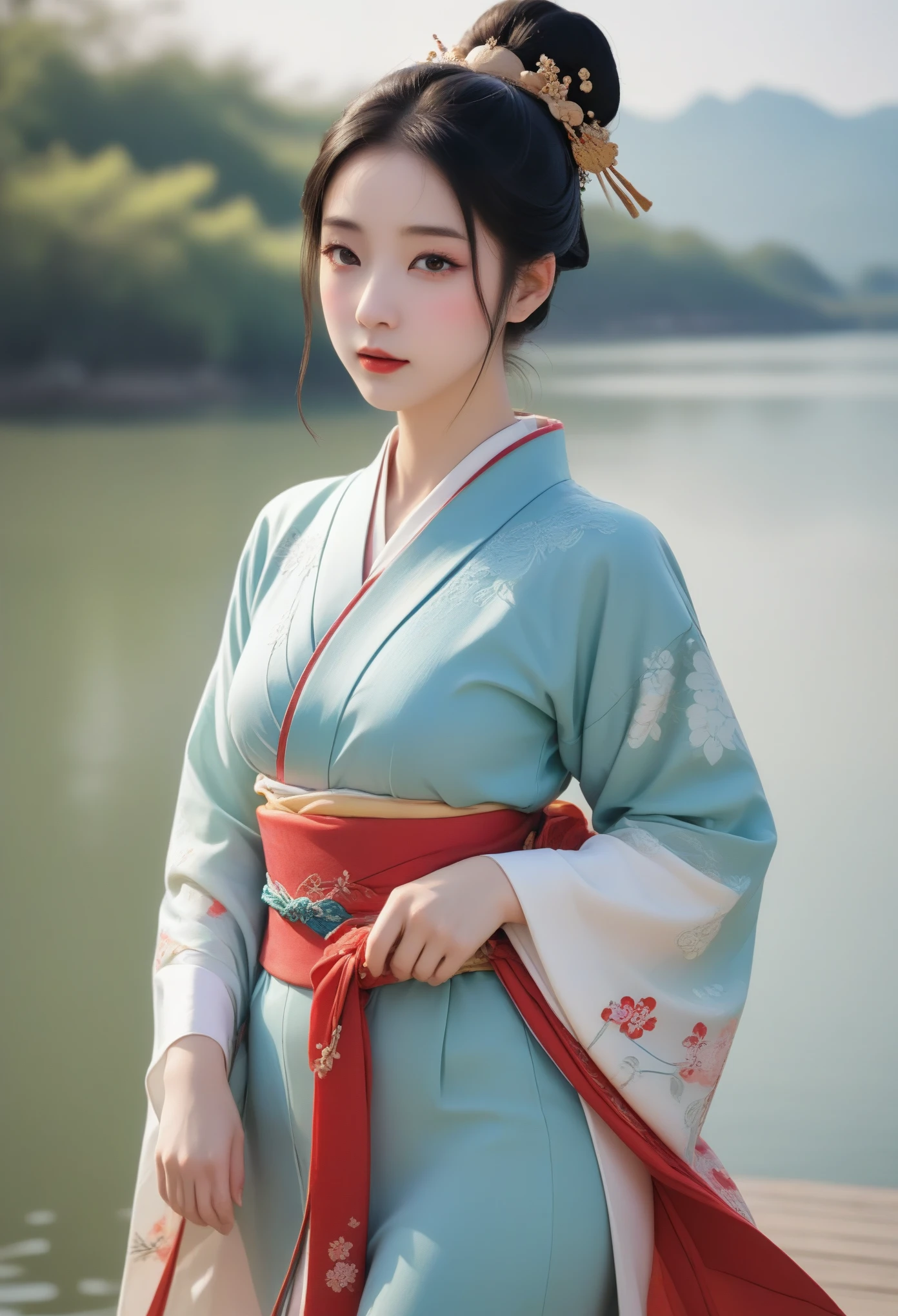 Fairy-like Hanfu girl，Standing by the lake，Looking very elegant at the camera，In good shape，（full-body shot），（Royal sister temperament）