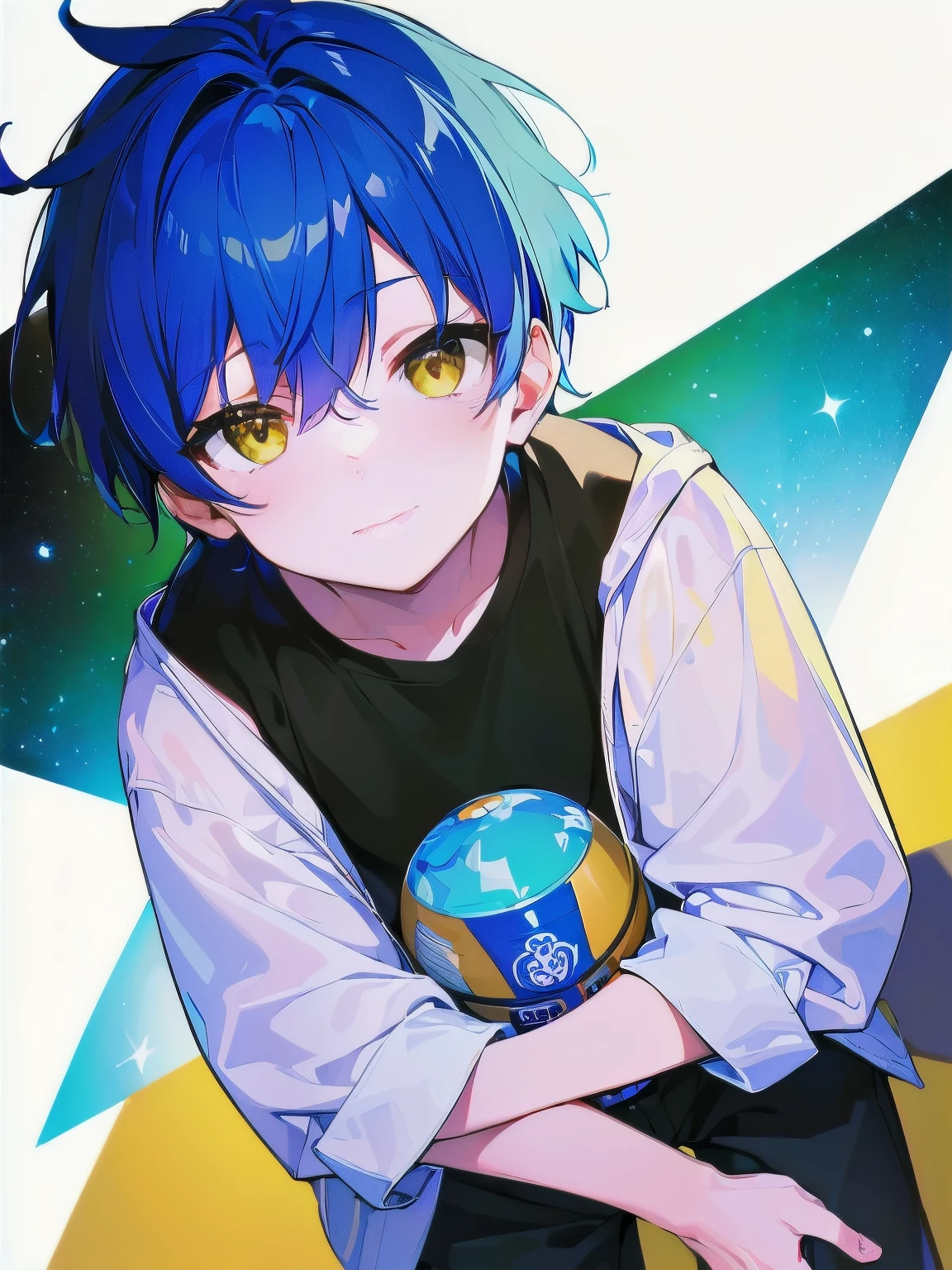 [(WHITE BACKGROUND:1.5),::5], ((((masterpiece)))), high quality, very_high_resolution, large_filesize, full color, ((younger boy)), , short deepblue hair, vivid color, ((yellow eye)), civilian clothes white, anime, Below the knee to upper body, (SUMMER GALAXY EFFECT)