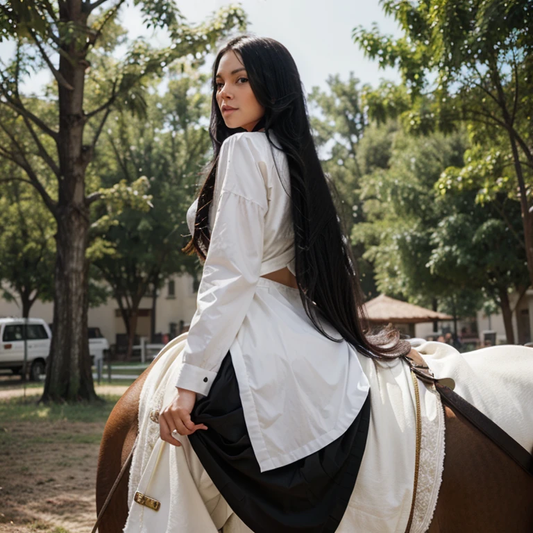 Create a white woman with long black hair on a horse