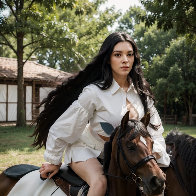 Create a white woman with long black hair on a horse