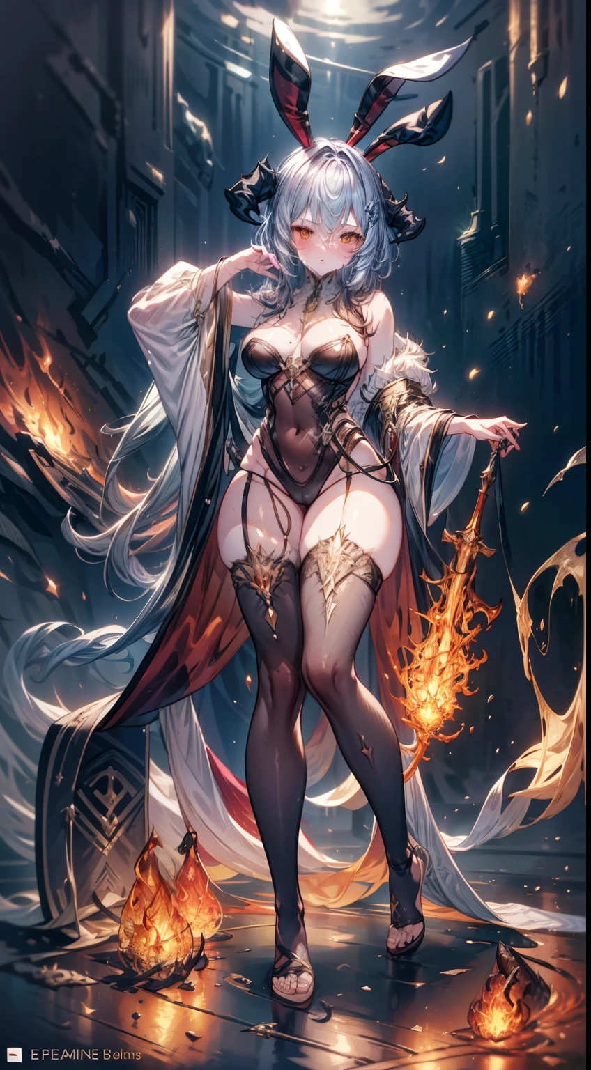 Dragon horns, big drangon tail, Fullbody, feet, standind, foot silver goddess in flame-red pleated skinny cloth with golden lines accents, long sleeves, fireball, satin, fur, (stockings), decollete, natural breasts, slim body, big weapons, ((rune lines on skin)), zettai ryouiki, medium length hair with golden red strands, beautiful detailed bright fire eyes, bunny ears, portrait, most realistic, highest quality, best quality, Detailed,Realistic, 4k highly detailed digital art, leotard, octane render, bioluminescent, (cool_color), best pixels, 8k ultra