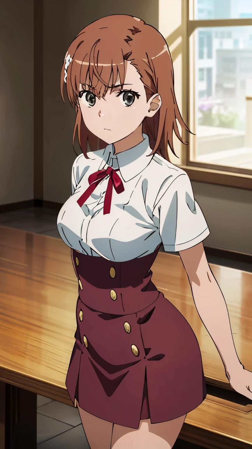 (pixel perfect, Perfect in every detail), misaka mikoto,hairpin,tokiwadai,shirt,red ribbon,mini skirt, stylish pose, stylish angle,looking at the viewer, in the center of the image,cowboy shot,exquisite visuals, beautiful Finger,beautiful long legs,beautiful body,beautiful character design, perfect eyes, Perfect face,expressive eyes, official art,High Definition CG Unity, Perfect lit, bright_front_face_lit, (table top:1.0),(Highest_quality:1.0),4k,Super detailed, photograph, 8K, nffsw, High resolution, (absurd:1.2), kodak portrait 400, film grain, Lens flare, (lively_color:1.2) (beautiful,medium breasts:1.4), (beautiful_face:1.3),(narrow_waist)