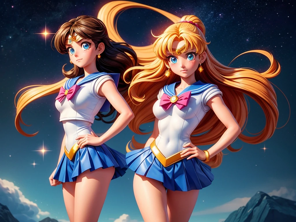 Sailor Moon, Sailor Mercury, Sailor Mars, Sailor Jupiter, Sailor Venus
(best quality,4k,8k,highres,masterpiece:1.2),ultra-detailed,(realistic,photorealistic,photo-realistic:1.37),illustration
Sailor Moon and her friends, Sailor Mercury, Sailor Mars, Sailor Jupiter, and Sailor Venus, stand together in a dramatic illustration. They are the guardians of justice, each with their unique powers and personalities.
The girls are adorned in their iconic sailor uniforms, featuring vibrant colors and intricate detailing. Sailor Moon, the leader, is at the center of the composition, radiating elegance and strength. Her beautiful detailed eyes convey determination, while her flowing blonde hair adds to her ethereal presence.
Sailor Mercury, known for her intelligence, has captivating blue eyes and wavy blue hair. She holds a small computer-like device, emphasizing her analytical abilities. Sailor Mars exudes a fiery energy, with intense eyes and long dark hair. Flames dance around her as she channels her powerful fire-based attacks.
Sailor Jupiter stands tall and confident, with piercing green eyes and long brown hair. She showcases her strength and athleticism, ready to protect her friends with her electric powers. Lastly, Sailor Venus, with her vibrant blonde hair and sparkling blue eyes, adds a touch of light and positivity to the group.
The background is filled with a celestial ambiance, adorned with stars and galaxies, representing their cosmic mission. The illustration is rendered in an illustrative style, evoking a sense of nostalgia and capturing the essence of the Sailor Moon series. The colors are vivid and captivating, enhancing the overall visual impact.
The lighting in the artwork is soft and dreamlike, casting a gentle glow on the girls' faces. This creates a sense of magic and enchantment, emphasizing their role as mythical warriors.
The high-quality and ultra-detailed depiction of the characters brings out their individual charms and distinct person