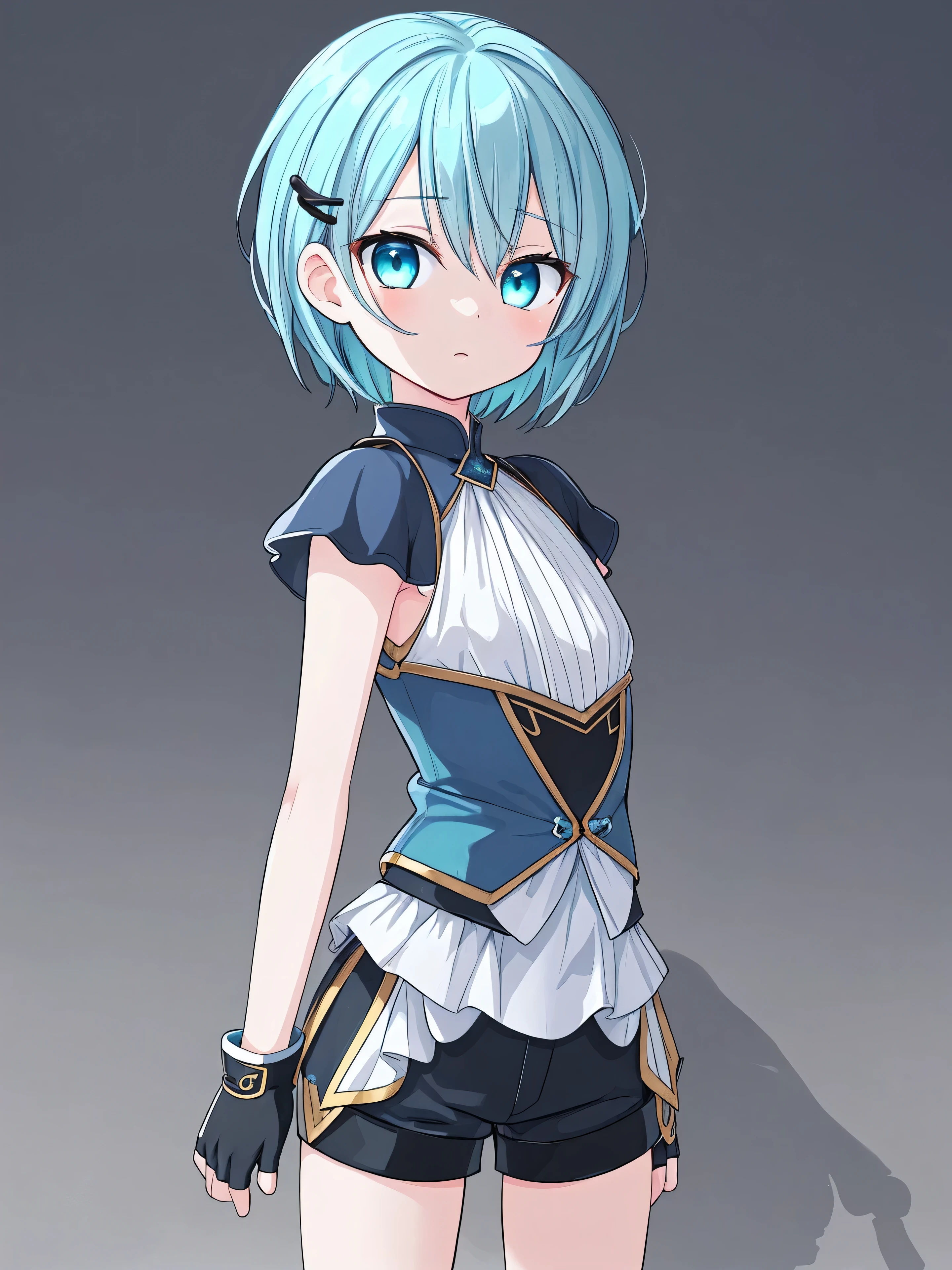 masterpiece, top quality, super detailed, CG illustration, high resolution, better lighting, best shadows, very delicate and beautiful, proper shading, hd, 8k, 1boy, solo, short hair, blue eyes, hair ornament, gloves, shorts, hairclip, fingerless gloves, aqua eyes, short shorts, aqua hair, black shorts, otoko no ko, androgynous