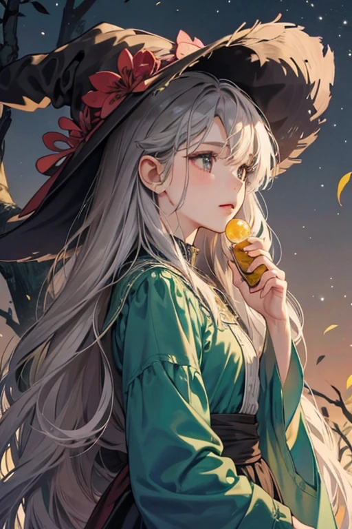 Tree Witch has the appearance of an old humanoid woman. Her skin resembles that of tree bark, her hair resembles foliage, and her nose looks similar to a twig. She also has emerald green and black eyes and a wig made from Finn's hair. Before receiving Finn's hair, the witch had brownish-gray hair only on the sides and back of her head. Her clothes appear to be tattered brown cloth with small patches of dried leaves. At the end of the episode, her lips are splattered with Princess Bubblegum's hair because she popped a bubble. SPARKLE; GLITTE