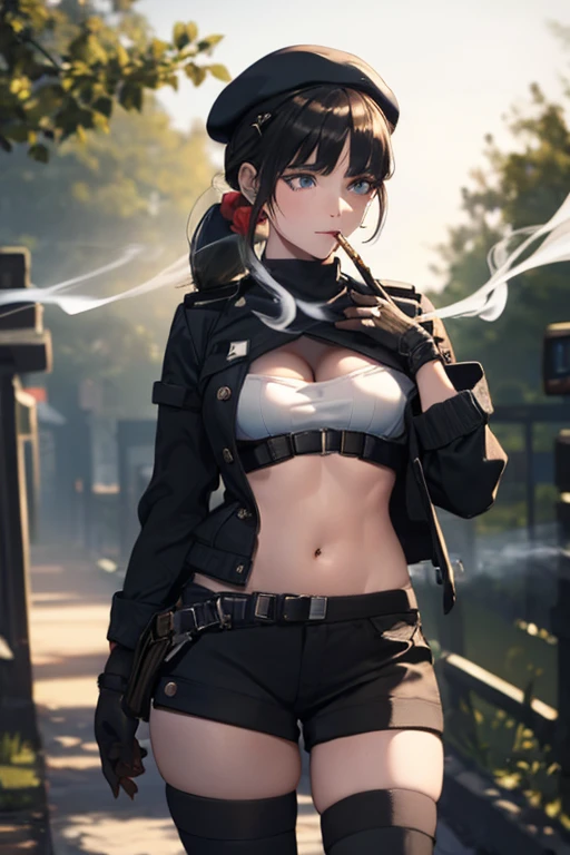  22 years old, (milf:0.8), (solo:1.5), (sfw:1.25), cute breast, beautiful breasts, medium tits, thin waist, big ass:1.0, Raised sexy, (beret, black jacket, open clothes, cleavage, midriff, black shorts, black thighhighs, thigh strap, fingerless gloves, single glove:1.2), blue eyes, light smile, big , Revimpling fabric, earrings, Hand gloves, detailed face,(smoking:1.3),long hair,side ponytail,hair between eyes,bangs,detailed and beautiful eyes,beautiful detailed lips,Rolling her eyes,manner,hair over one eye, (ultra high resolution, 8K RAW photo, photo realistics, thin outline:1.3, clear focus), best qualtiy, natural lighting, textile shading, blurry back ground, field depth, (Bright pupils, fine detailed beautiful eyes with highlight:1.3, high detailed face), Red lip, fine realistic skins:1.1, looking down viewers:1.3, (dynamic angle:1.3, front view:1.1, breast focus:1.3, from below:1.2), (dynamic posing:1.5, sexy posing:1.2),Youghal, side lock, hair ornaments, hair band,nice,garden background,artistic rendering,Super detailed,(highest quality,4k,8K,High resolution,masterpiece:1.2),Bright colors,studio lighting
