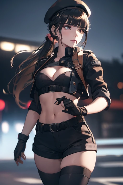  22 years old, (milf:0.8), (solo:1.5), (sfw:1.25), cute breast, beautiful breasts, medium tits, thin waist, big ass:1.0, Raised sexy, (beret, black jacket, open clothes, cleavage, midriff, black shorts, black thighhighs, thigh strap, fingerless gloves, single glove:1.2), blue eyes, light smile, big , Revimpling fabric, earrings, Hand gloves, detailed face,(smoking:1.3),long hair,side ponytail,hair between eyes,bangs,detailed and beautiful eyes,beautiful detailed lips,Rolling her eyes,manner,hair over one eye, (ultra high resolution, 8K RAW photo, photo realistics, thin outline:1.3, clear focus), best qualtiy, natural lighting, textile shading, blurry back ground, field depth, (Bright pupils, fine detailed beautiful eyes with highlight:1.3, high detailed face), Red lip, fine realistic skins:1.1, looking down viewers:1.3, (dynamic angle:1.3, front view:1.1, breast focus:1.3, from below:1.2), (dynamic posing:1.5, sexy posing:1.2),Youghal, side lock, hair ornaments, hair band,nice,garden background,artistic rendering,Super detailed,(highest quality,4k,8K,High resolution,masterpiece:1.2),Bright colors,studio lighting
