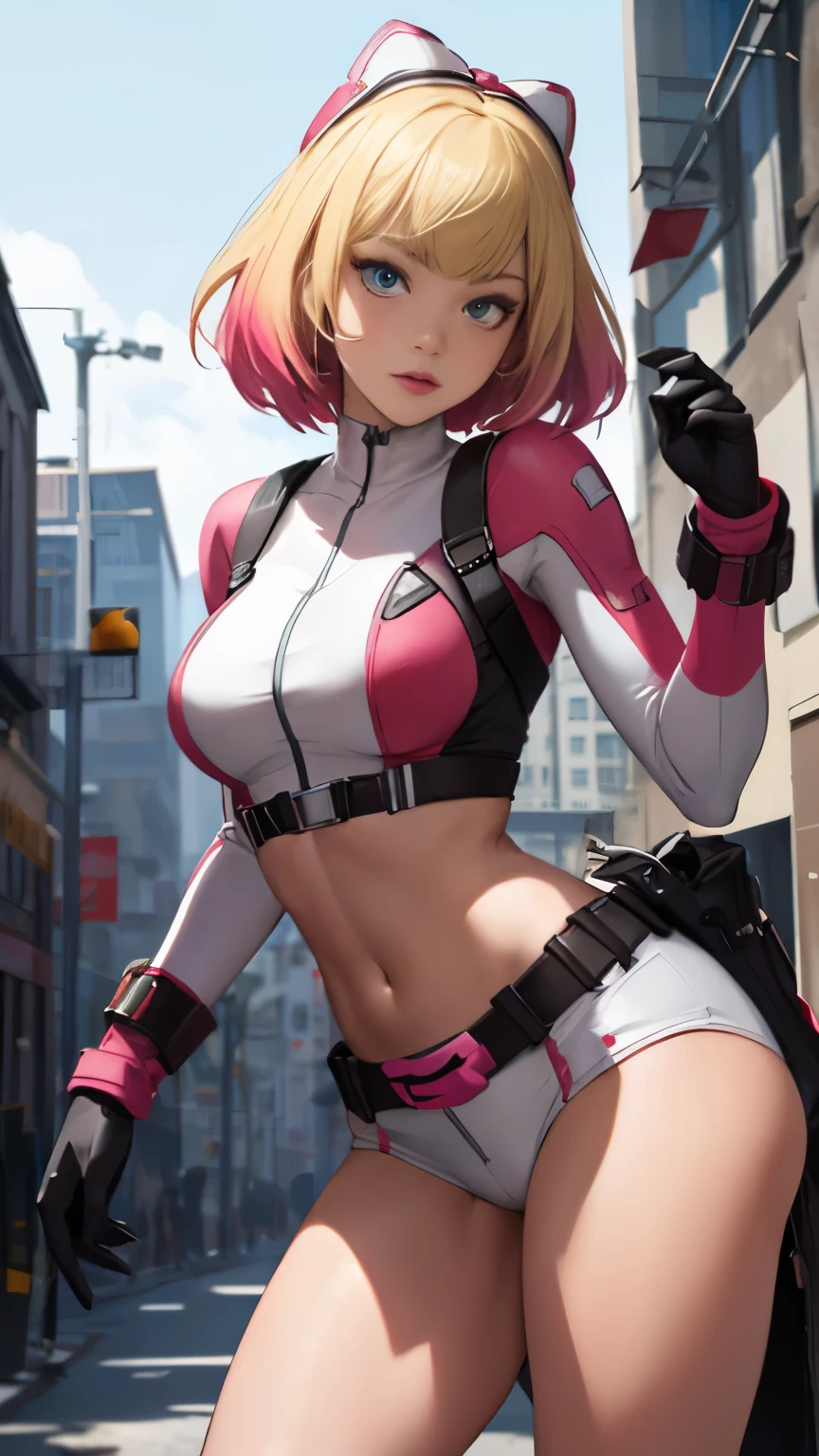 (Highly quality, masterpiece, detailed), city detailed scenario, city detailed background, solo, gwenpool, blonde hair, multi colored hair, 1woman, crop top, two-tone, navel, gloves, perfect face, beautiful eyes, look at the viewer, Sexy pose