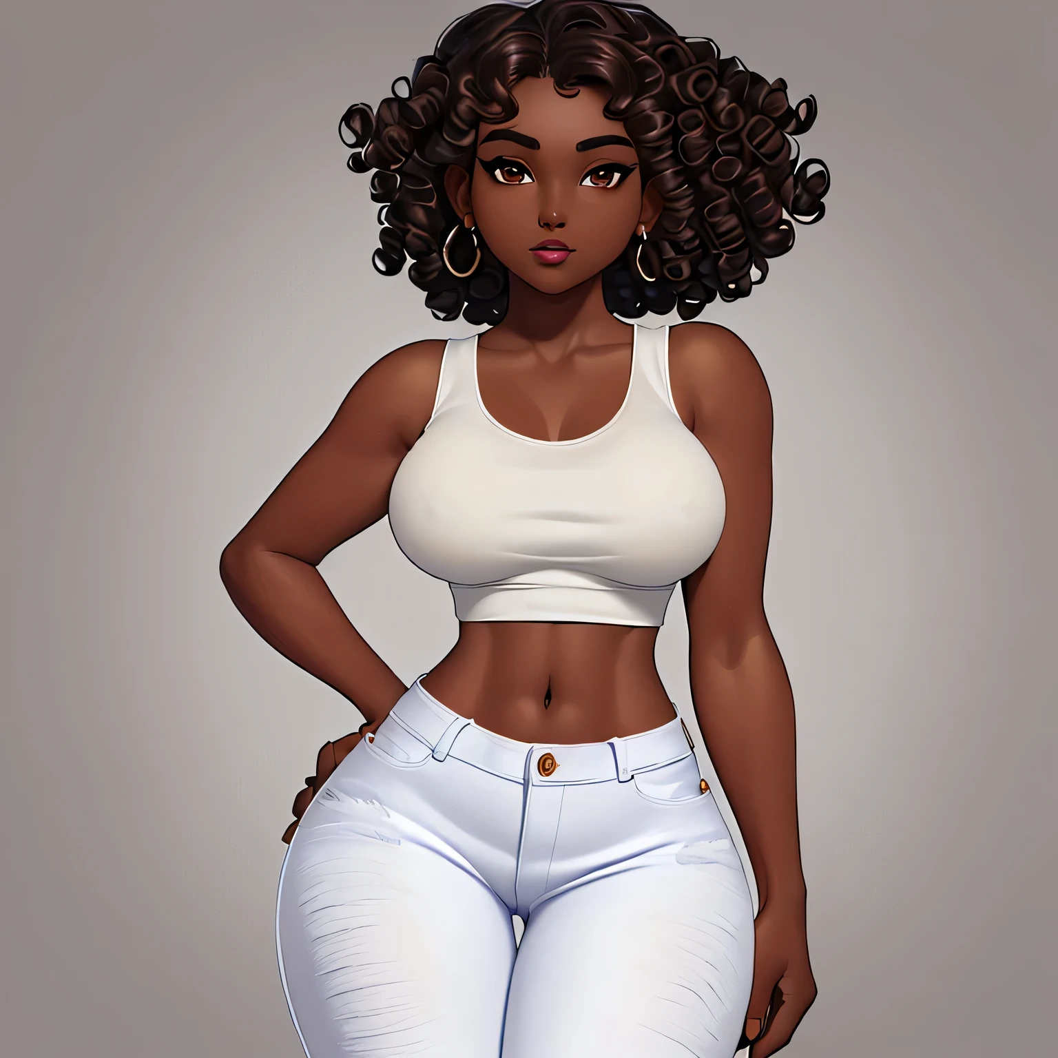 ((masterpiece)) ((beautiful)) ((perfect face)) ((highly detailed)) ((dark skin)) ((brown eyes)) ((small breasts)) ((slender figure)) ((thick lips)) ((wide nose)) ((wide hips)) ((short curly hair)) ((wearing a white tank top and tight jeans)) ((young woman))
