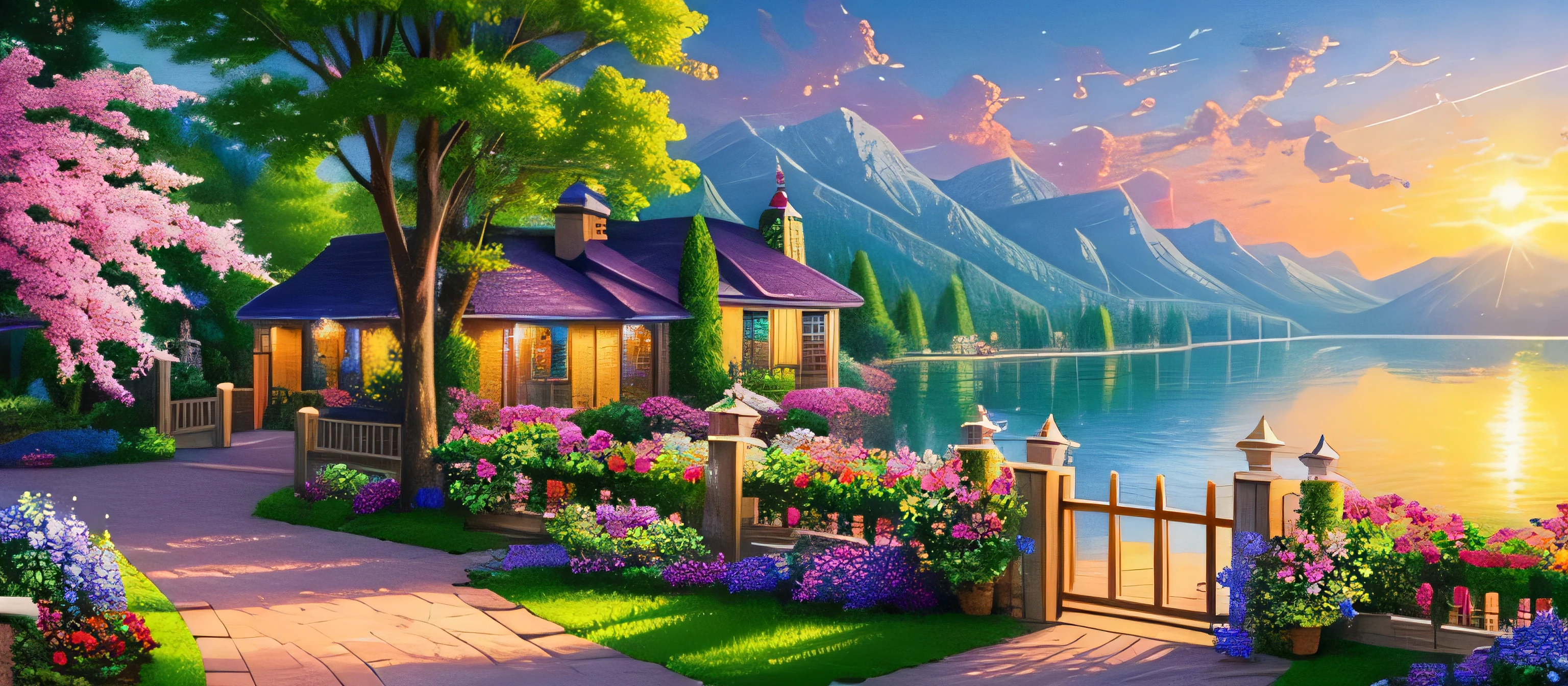 villa painting, flowers next to the fence, fence along the road, Mountain landscape with lake and boats, Illustration Matte Paint, Inspired by Thomas Kinkade, symmetrical matte paint, detailed scenery , a raw style, 8K ultra-detailed、sunrise、
