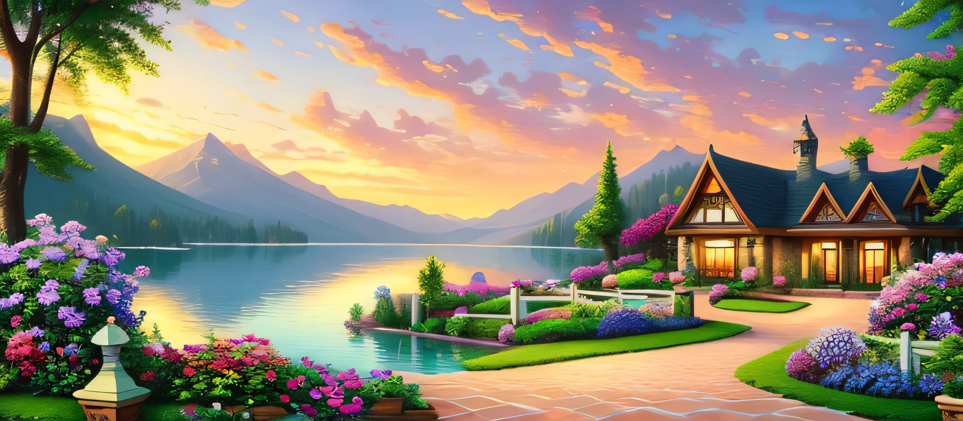 villa painting, flowers next to the fence, fence along the road, Mountain landscape with lake and boats, Illustration Matte Paint, Inspired by Thomas Kinkade, symmetrical matte paint, detailed scenery , a raw style, 8K ultra-detailed、sunrise、