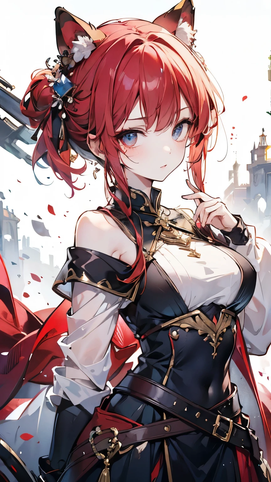 ((best quality)), ((masterpiece)), (detailed), perfect face, Highly detailed face, detailed eyes, (looking at viewer:1.2), (red hair), bangs, ((hair over shoulder)), floating hair, raccoon ears, The armor worn by medieval Western knights, the shiny design, the toned waist, the emphasized chest, the fantasy novels, the powerful gaze