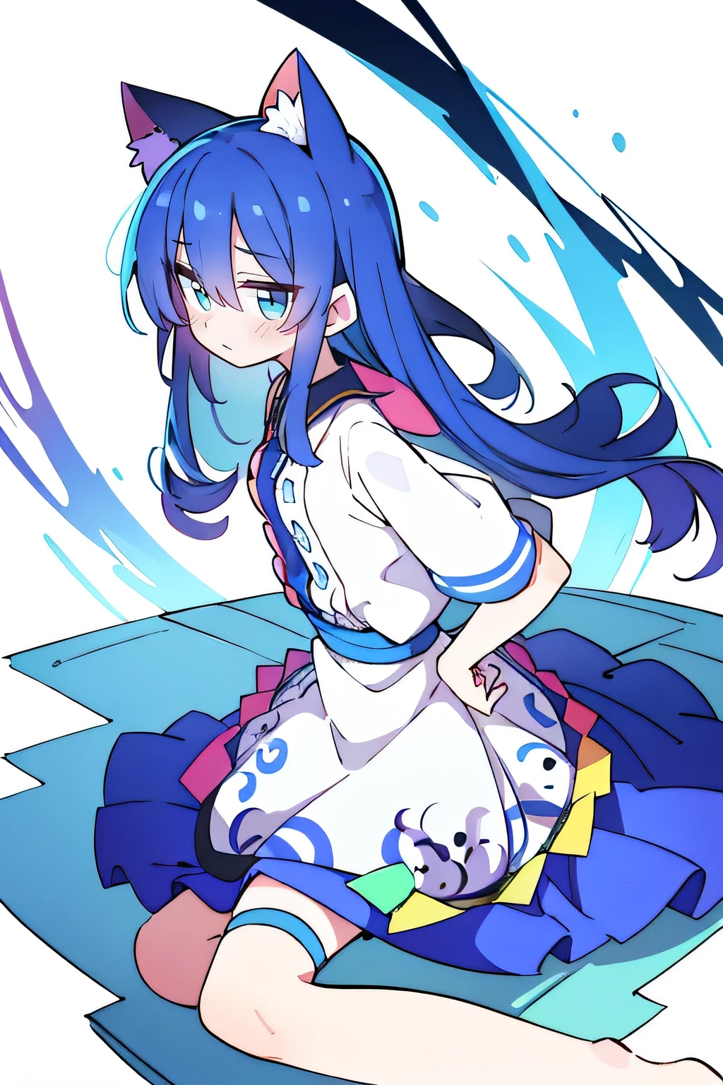 (Masterpiece), best quality, expressive eyes, perfect face, 1girl,
 Put your hands on your waist, fair, gorgeous, Japanese comics, girl, Lola, young angel, blue hair, blue hair, flowing clothes, hug the waist, hug the waist, hands on hips, hands on hips, lay down , lying on the ground, legs on the ground, flat chest, cat ears
