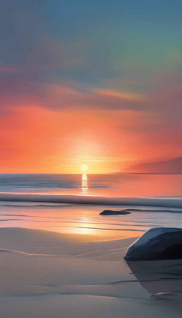 Front view of the scene in close-up scaled in high relief; details in 8k; precision in details; alcohol-based ink, vibrant colors, perspective view, centered, lines in perspective; Wood splash; high contrast of gloomy colors; The main theme of the image is a sunset, reflecting in the sea at the beach with clear sand and colored stones; bright and clear colors; This breathtaking scene is captured in a realistic and exquisitely detailed image, where each brushstroke captures the dynamic energy and otherworldly beauty, pastel illustration, professional illustrator, gothic style, ink and watercolor paintings, a backdrop of glowing nebulae. The richness of colors and depth of detail immerse viewers in a mesmerizing spectacle that transcends the limits of reality.