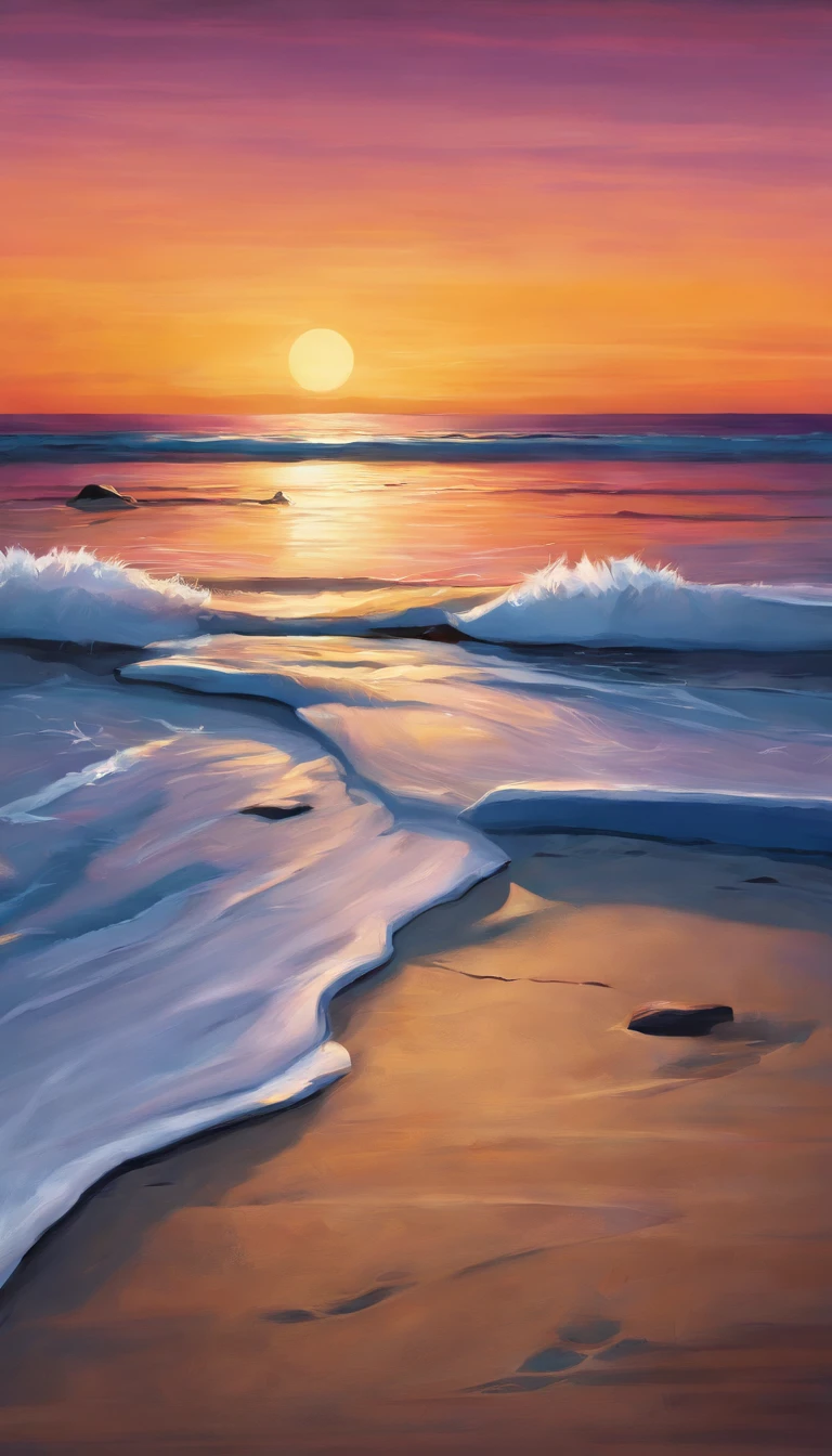 Front view of the scene in close-up scaled in high relief; details in 8k; precision in details; alcohol-based ink, vibrant colors, perspective view, centered, lines in perspective; Wood splash; high contrast of gloomy colors; The main theme of the image is a sunset, reflecting in the sea at the beach with clear sand and colored stones; bright and clear colors; This breathtaking scene is captured in a realistic and exquisitely detailed image, where each brushstroke captures the dynamic energy and otherworldly beauty, pastel illustration, professional illustrator, gothic style, ink and watercolor paintings, a backdrop of glowing nebulae. The richness of colors and depth of detail immerse viewers in a mesmerizing spectacle that transcends the limits of reality.