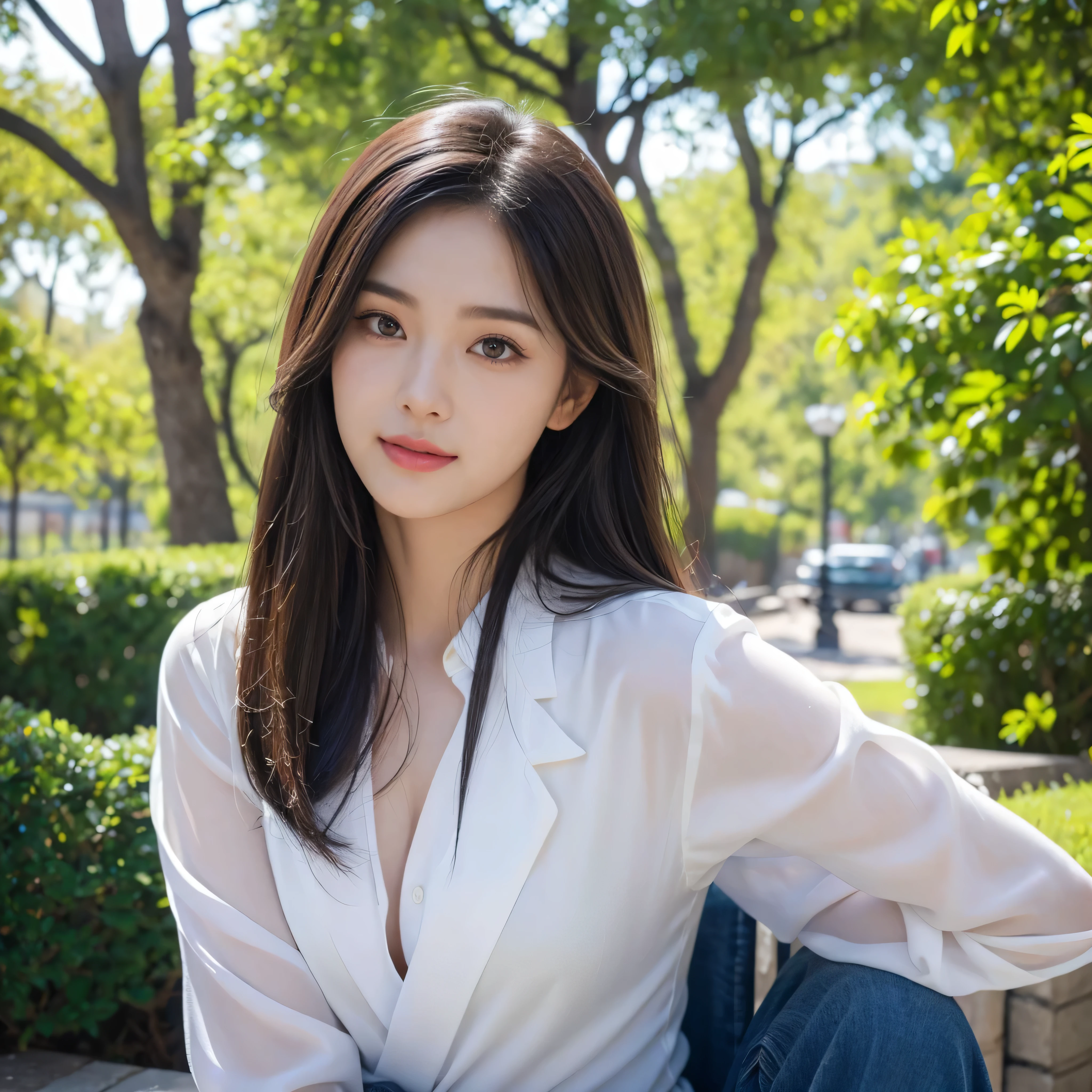 8k,deep feeling的_Eye,(realistic:1.37),(photorealistic,photo-realistic:1.37),long eyelashes,Nature's expression,Detailed_lips,Big Eye,(HDR,UHD:1.2),Sunlight_irradiate,Gentlemen's attire,Gentleman's clothing,high quality_picture,think carefully,Detailed_Eye,eyes_deep feeling,Strong sense of transparency,city background,long hair,fair-skinned_skin,nature,Joyful_Mood,confidence,keep,beautiful_image。