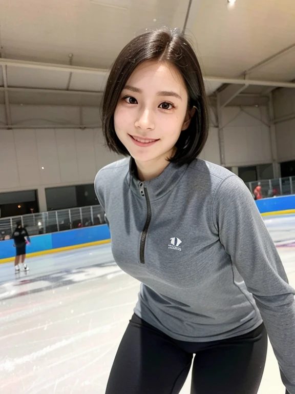 ((Realistic Lighting, 8k, Top Quality, Masterpiece of the Night: 1.3)), Slender Pretty Girl: 1.4, Big: 1.3, Slightly Hollow Eyes, Double Eyelids, (Tracksuit),Smile, , Short hair, Bangs.