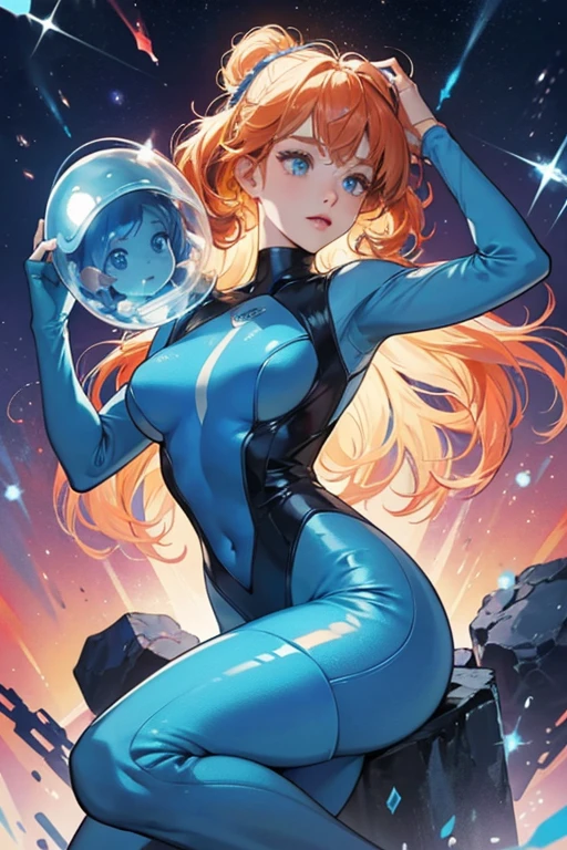 In her humanoid form, she has a blue bodysuit with a light red circle at her neck. Trudy also has short, curly yellow hair and a helmet around her head showing her pale blue skin. Some say she somewhat resembles a deep-sea diver or an astronaut because of the glass helmet and suit. As a waist, she looks like a light blue colored blob with eyes and a mouth. SPARKLE; GLITTE