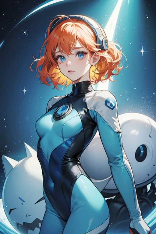 (masterpiece), best quality, expressive eyes, perfect faceA stunning young woman stands proudly in her vibrant orange and green space suit, her clear visor reflecting the vastness of the galaxy. Beside her sits a scaly alien critter, its six legs curled up in a peaceful slumber.
