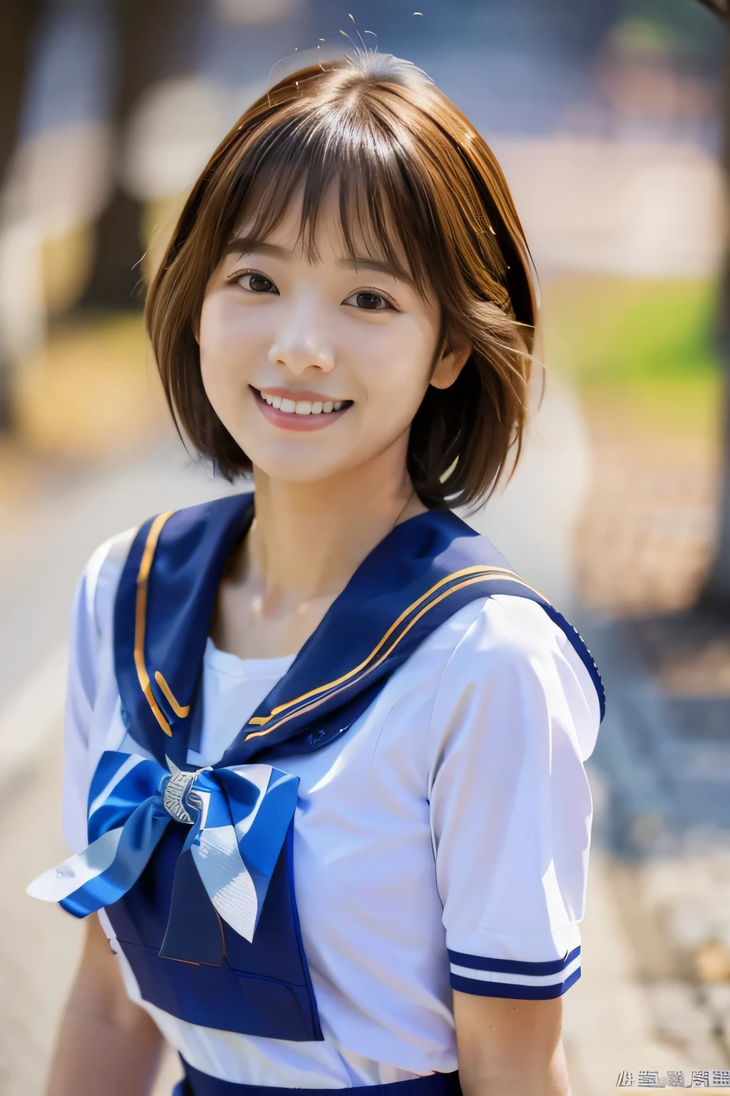 masterpiece, highest quality, Photoreal, Super detailed, finely, High resolution, 8k wallpaper, Professional, Advanced level of detail, ((One high school girl:1.2)), Slender Japanese women,, detailed clavicle, Medium chest、perfect face, (Front facing:1.2)、(Cute short hair:1.5), chestnut hair、(school uniform:1.5)、(navy blue sailor suit:1.2)、(mini skirt:1.2)、cute face、(looking straight ahead:1.5)、(brown skin:1.5)、full body shot、(cute smile:1.5)、Balanced Professional Portion、