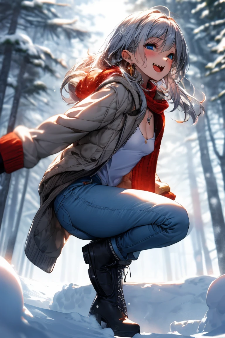 (masterpiece, best quality:1.2), (High resolution, 8k original photo, Photorealism, Clear focus, thin outline:1.3), (movie lighting, Textile shading), View, ((alone:1.37)), (1 Mature woman, 28 years old, Raised sexy), ((milf:1.5)), ((NFSW:1.37, Running chest:1.3, Breast sagging, big deal , cleavage, sexual harassment, in hot state)), ((Bright beautiful eyes,Highlights:1.3, delicate eyes, high detail students)), Beautiful girl in winter clothes:1.5, ((cute girl dancing In the snow:1.5, Step and turn:1.2, spread legs, open arms, Flowing hair)), winter casual wear, Wearing a light orange winter coat:1.2, Clothes with fluttering coats, Chunky Knit Sweater, skinny jeans, Knitted scarf around neck, Tighe_boots), Your body is decorated with falling snowflakes, In the snow, (looking at the audience, With a charming smile, Eyes half-closed), ((Small open mouth:1.37)), Silver Multicolor Hair, medium long hair, hair covering one eye, asymmetrical hair, edge rock, blue eyes, (Luxurious accessories, necklace, earrings, bracelet), Bokeh, Dutch Cape, Close-up face:1.5, crotch focus, ((From the side below:1.5)), ((correct anatomy:1.6, ideal body proportions, right hand:1.5, tiny hand)), outdoor, In the snowy forest, Snow covered ground, Trees decorated with snow, Snow shovel,