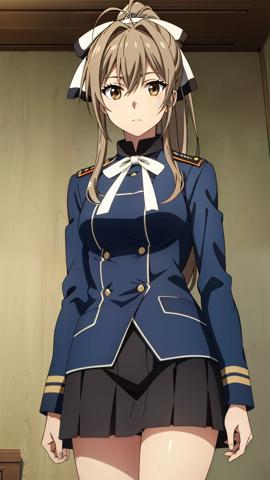 highest quality, High resolution, beautiful eyes, highly detailed face, Detailed CG,Sento Isuzu, 1 girl, alone, antenna hair, long hair, brown hair, ponytail, brown eyes, hair intake, white ribbon, uniform, hair between eyes, No expression, ribbon, indoors, closed mouth, bangs, side lock, Jacket, hair ribbon,Red army uniform, army,stylish pose, stylish angle,looking at the viewer, in the center of the image,cowboy shot,
