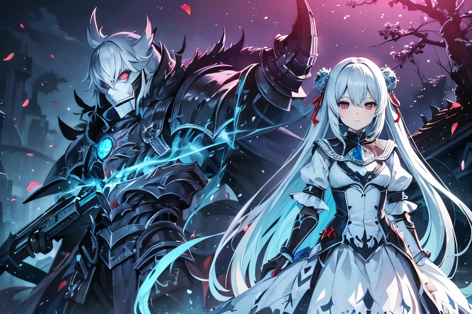 Pure White Owl、light blue long hair、Beautiful girl with twin tails、Dark Souls Silver Armor, Red Dark Soul Knight, The Joker by Tsutomu Nihei,(Strange but so beautiful:1.4),(masterpiece, highest quality:1.4),Nicola - Scary-faced villain、Standing next to a cute girl、sunny、In the lush forest、