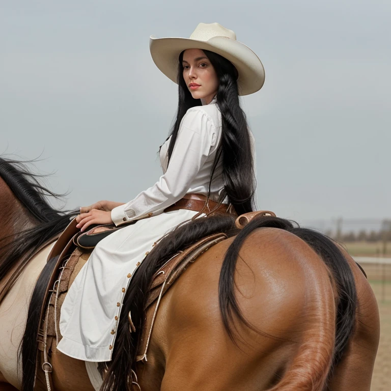 Create a white woman with long black hair on a horse and a cowboy hat