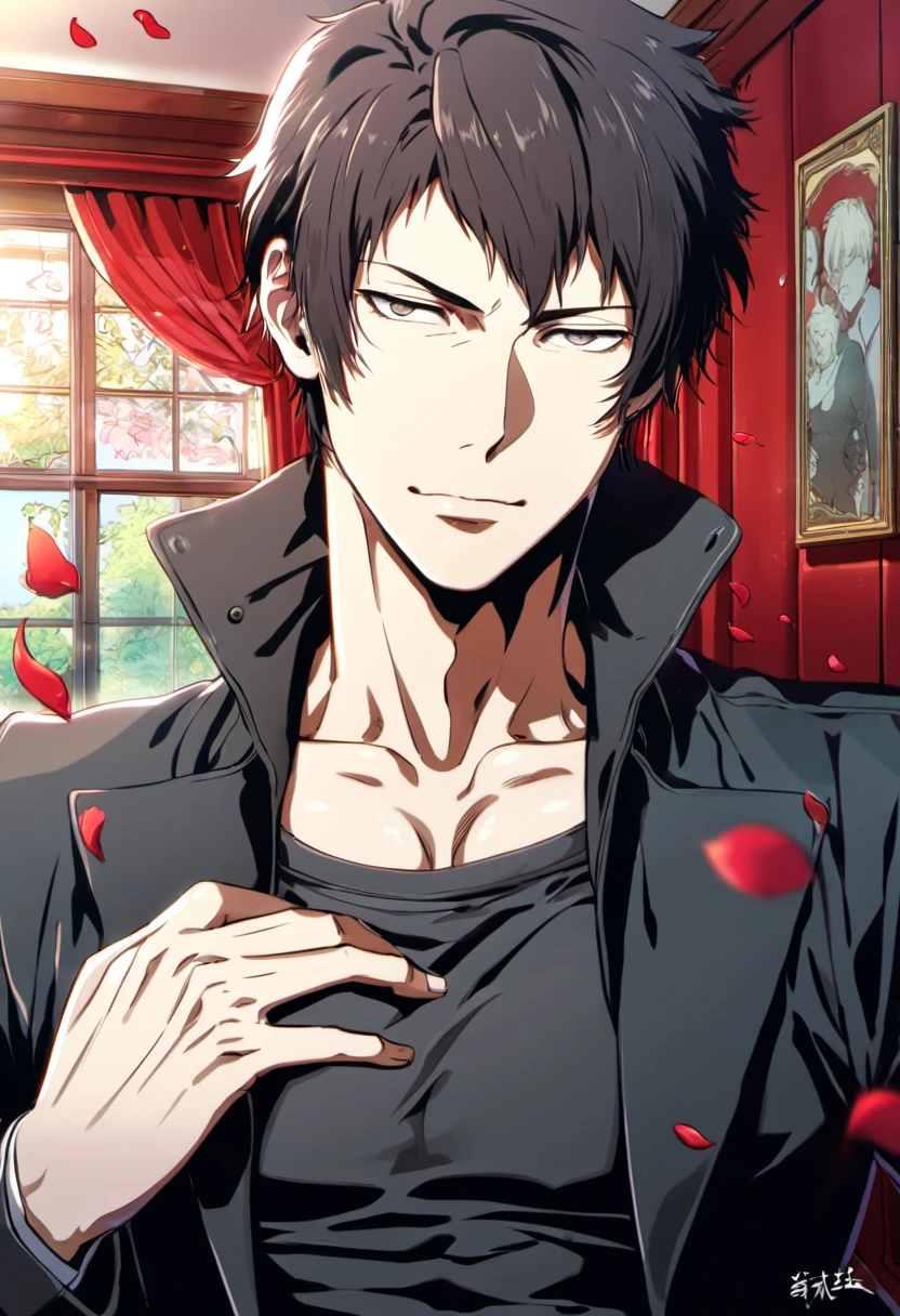 absurdres, highres, ultra detailed, HDR, masterpiece, Kogami Shinya, black hair, expressive grey eyes, psycho-pass, black tight shirt, black coat, toned chest, 1man, handsome, window, red curtains, petals, inside a house