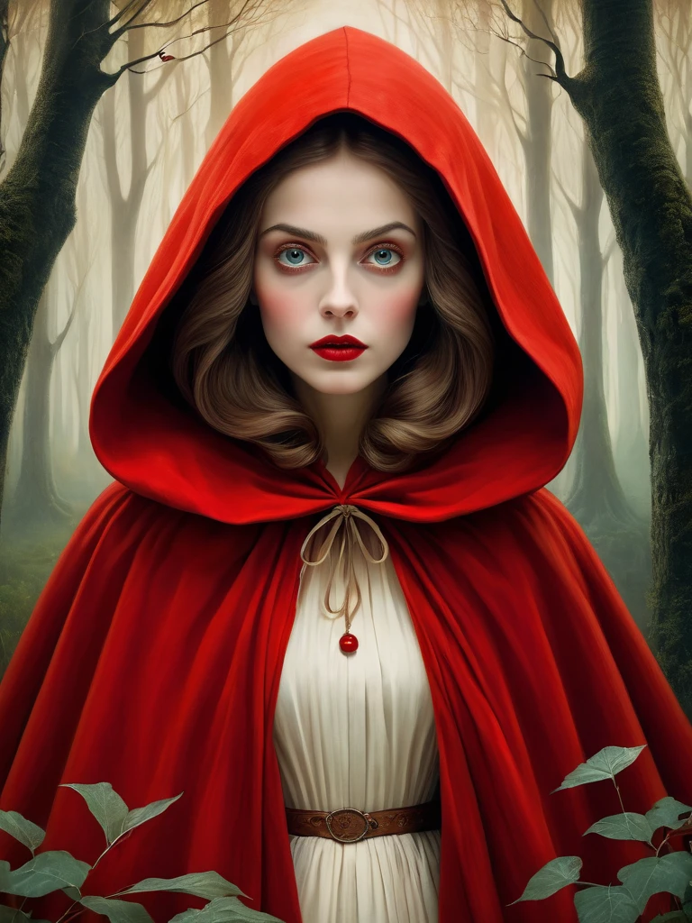 Oil painting of Adult Red Riding Hood [Woman:Maude Adams:0.1] character, ghostly white skin, charismatic look, perfect eyes, nostalgic, vintage, antique, Gabriel Pacheco style, soft, dreamlike, surrealism, tale forest background, intricate details, 3D rendering, octane rendering. Abstract background. Masterpiece of the best quality, Tim Burton Cinematic Style, high definition, 32k. By Monique Moro.,more detail XL,photo r3al
