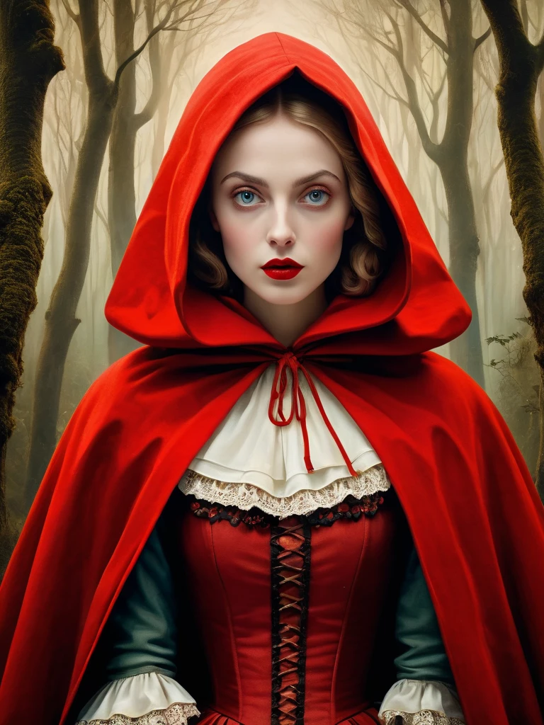 Oil painting of Adult Red Riding Hood [Woman:Maude Adams:0.1] character, ghostly white skin, charismatic look, perfect eyes, nostalgic, vintage, antique, Gabriel Pacheco style, soft, dreamlike, surrealism, tale forest background, intricate details, 3D rendering, octane rendering. Abstract background. Masterpiece of the best quality, Tim Burton Cinematic Style, high definition, 32k. By Monique Moro.,more detail XL,photo r3al
