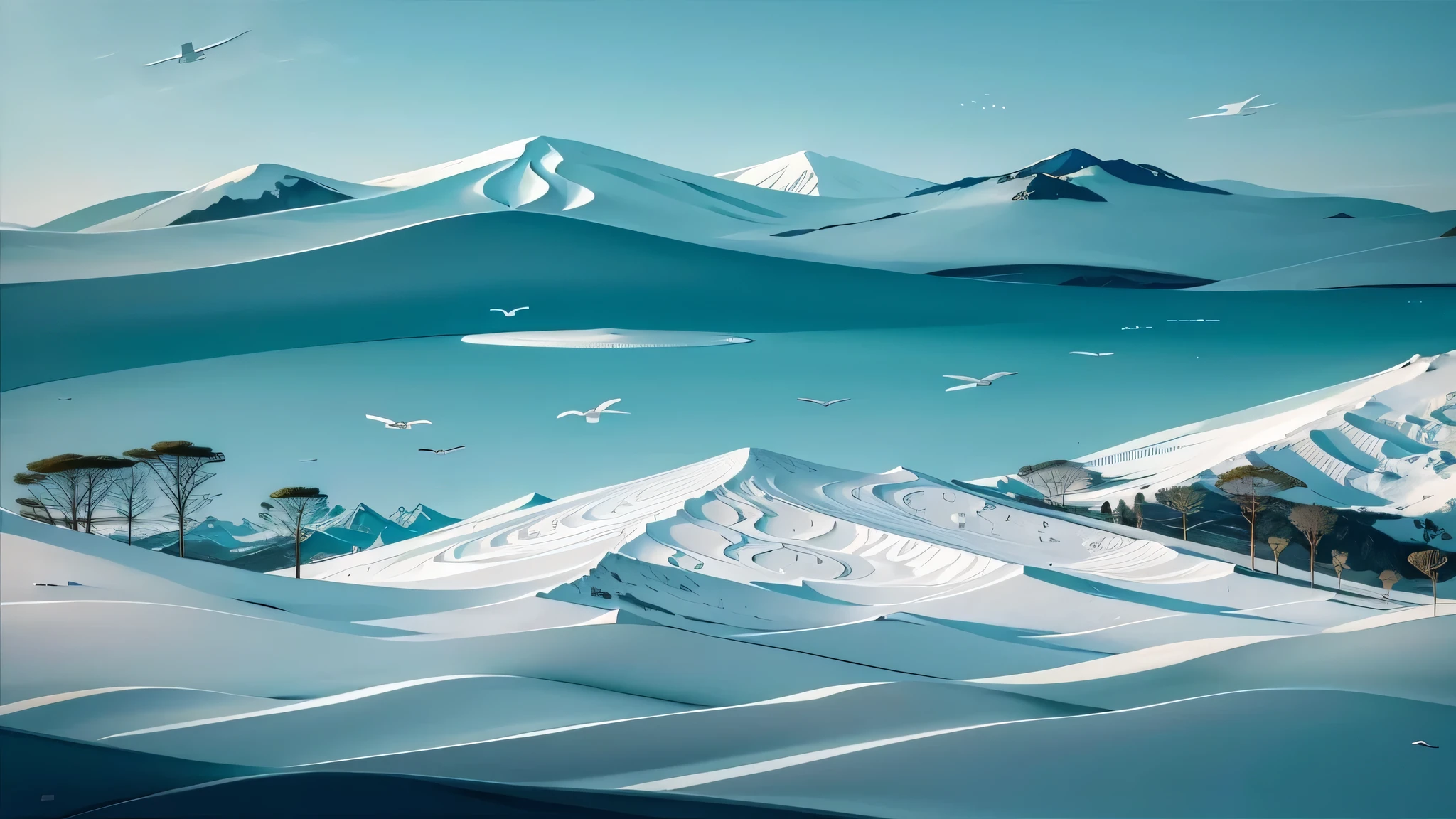 There are many birds flying over the snow-capped mountains in the sky, Laurent Durieux, Surreal dream landscape, A beautiful artistic illustration, The art of layered paper, Rob Gonsalves and Tim White, By David B.. Mattingly, Complex 3D illustration, surreal landscape, Detailed Landscape—Width 672, Kirill Kotashev style, Highly detailed landscape