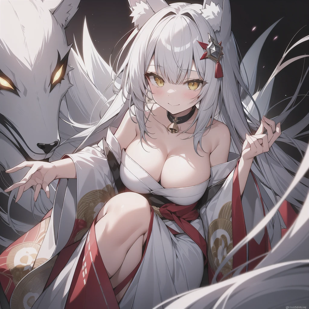 High resolution、highest quality、4K、gray hair、bangs bangs、slanted eyes、Glowing yellow eyes、bell hair ornament、pale skin、nine tailed fox、Deep purple courtesan、kimono、White fox ears、sexy、big breasts、cleavage、Ruthless smile、murderous intent、Insanity、cruel、attack、darkness、Ahe face、full body