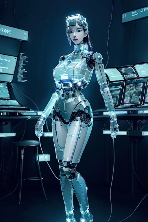 (highest quality, High resolution, masterpiece:1.2), Super detailed, realistic:1.37, (perfect anatomy),1 girl, full body portrait,Inside a robotized operating room,(Lots of cables:1.1),Lots of tubes,monitor screen,close-up of woman, Cute and perfectly beautiful Japanese idols, 26 year old female model、Modified into a cute cyborg,, (blue led eyes:1.1), (clear glass body:1.5), (A clear view of the electronic systems in the body.:1.4), Detailed connection lines, Wires and cables connecting to the head, cybernetics, cyber punk, intricate decorative details, Android factory in the background, master piece, full body shot
