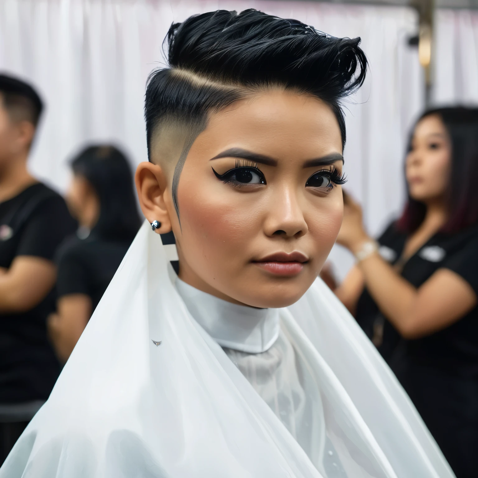 A professional female barber, with punk haircut, whose haircuts change people's lives in unexpected ways, in the main stage of a hairshow. The client, a young Indonesian woman with black straight hair, awaits her new look with anticipation, as she get punk haircut too, same as the barber. She is wearing a white haircut cape, with a lot of hair on the cape and floor, and has a surprised expression on her face.