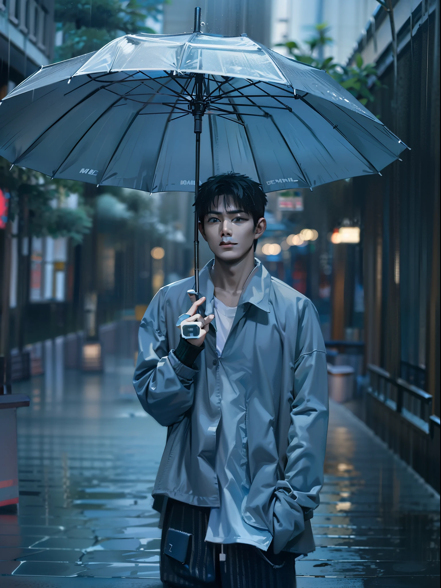 Asian boys, Umbrella in the rain, Snapshot style, aesthetic, onii kei, Captivating gaze style, yosuke ueno, Pictorial drama, snapshot, aesthetic, Rei Kamoi, Douglas Smith, Dark gray and light blue, strong facial expression，Photo shooting，Realism。