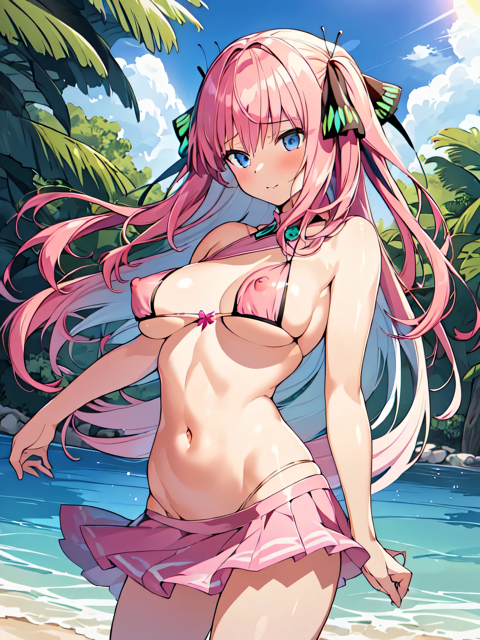 all realistic intricate details: "(1girl, slim build, firm breasts, medium breasts, (masterpiece) (highest quality) (shiny hair) (shiny skin), bikini, short skirt bikini, dancing princess, nakano nino, pink hair, hair ribbon, butterfly hair ornament,, see vagina, see nipples, random angle, uncensored, nsfw)"