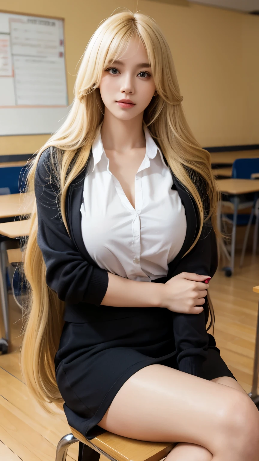 1girl,huge breast, blonde hair, long hair,bang, teacher clothes, high quality, ultra detailed, masterpiece, realistic, sitting,in classroom