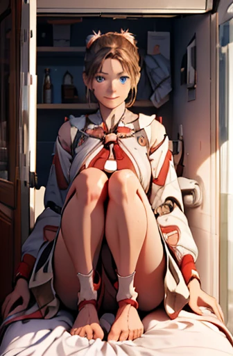 A Female robot is sleeping in bedroom, spread legs, nude, banzai pose. she wears no dress. She Brown short hair is tied with two big red clothespins, She lifts up the under hem of her white plain dress, leaning over, masterpiece, very short pigtails,brown hair, mature, android, blue eyes, full body figure, Height: 160cm, flushed cheeks, 2020s anime picture, A beautiful robot with short brown hair in two short pigtails held up by two very large huge red clothespins, Uplifting, No NSFW, whole body, barefoot, archaic smile, getting orgasm, 25 years old, sweat bucket. 