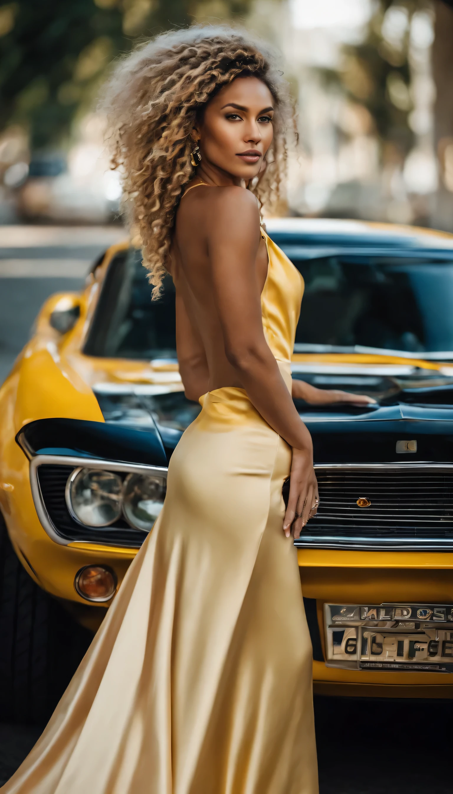 mulher arafada com dreadlocks boho suaves e ondulados com destaque loiro, foto de uma linda mulher, ela tem pele caramelo clara com tons amarelos, linda mulher, mixed race woman, linda linda mulher, mixed race woman, com cabelo e pele texturizados, corpo esguio e tonificado em um vestido de noite posado por um carro esporte