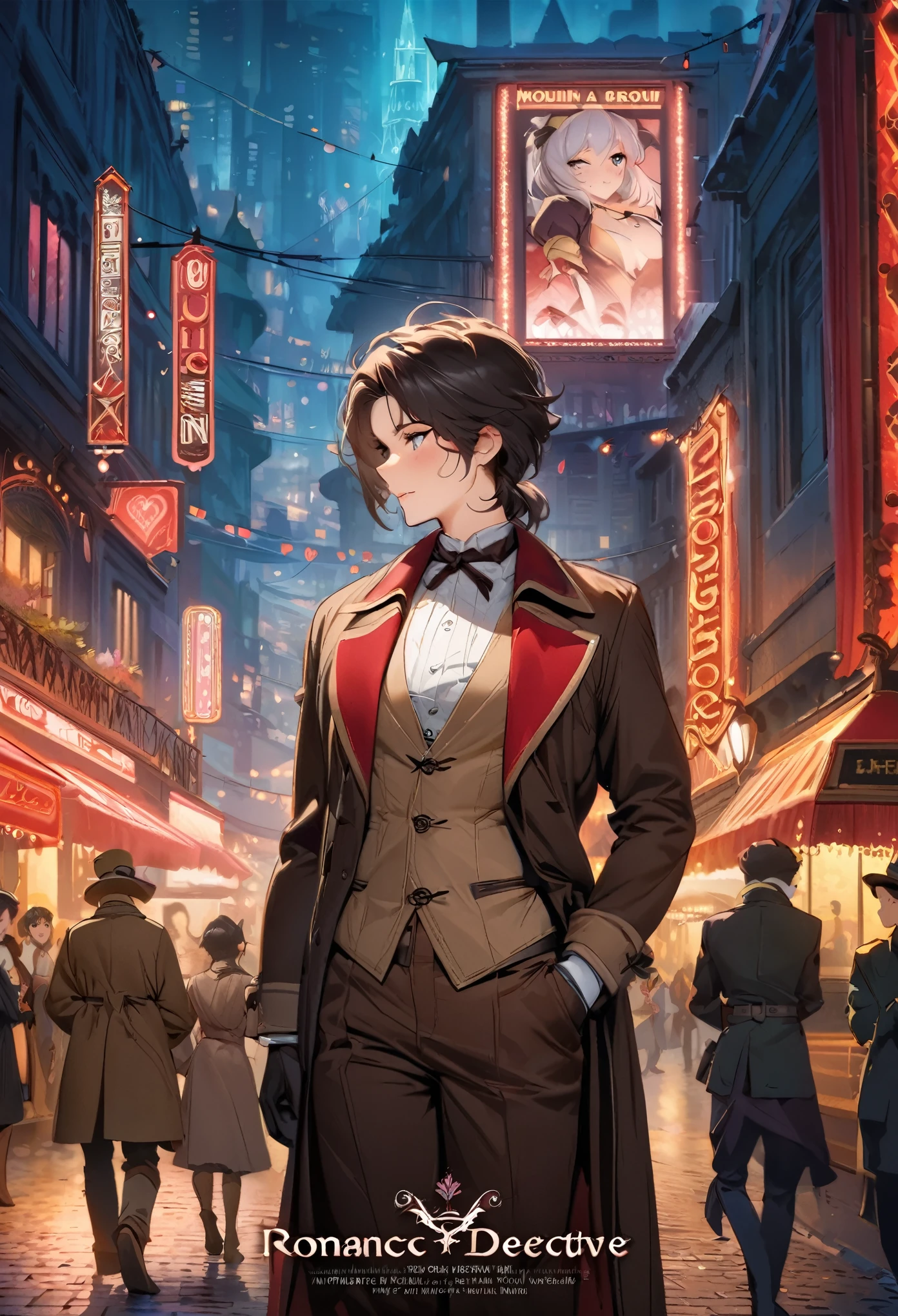 movie poster, movie artwork, concept art of love, romance novel cover, highres, top quality, best quality, perfect artwork, absurdres, perfect anatomy(couple, young 1male detective, 1woman in Chinese dress)(furry, kemono, anthro) in a city street at night, moulin rouge,