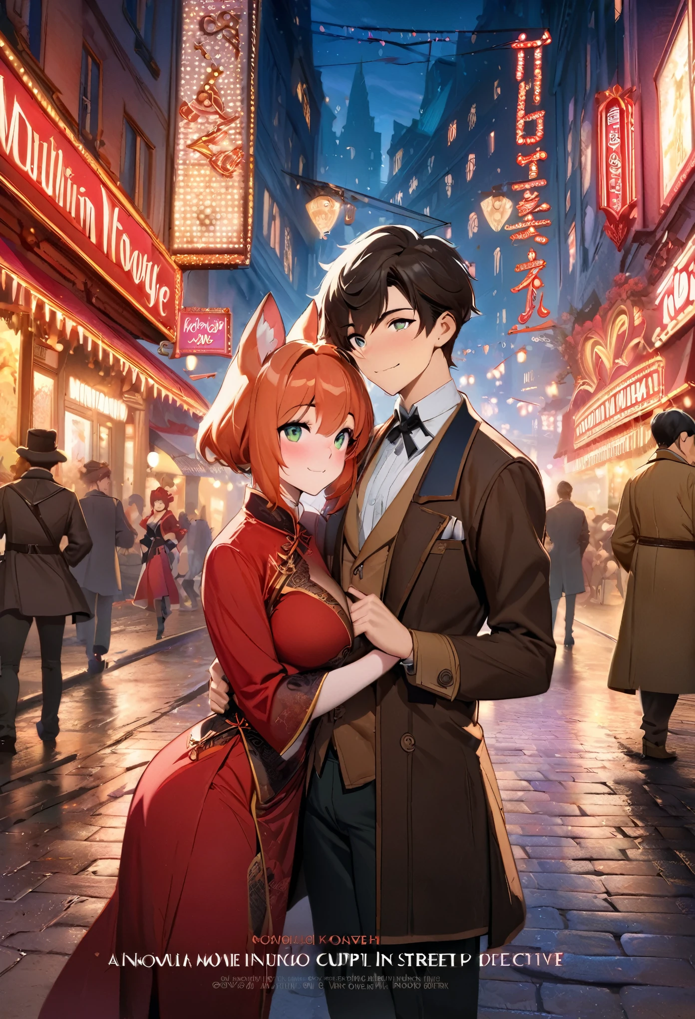 movie poster, movie artwork, concept art of love, romance novel cover, highres, top quality, best quality, perfect artwork, absurdres, perfect anatomy(couple, young 1male detective, 1woman in Chinese dress)(furry, kemono, anthro) in a city street at night, moulin rouge,