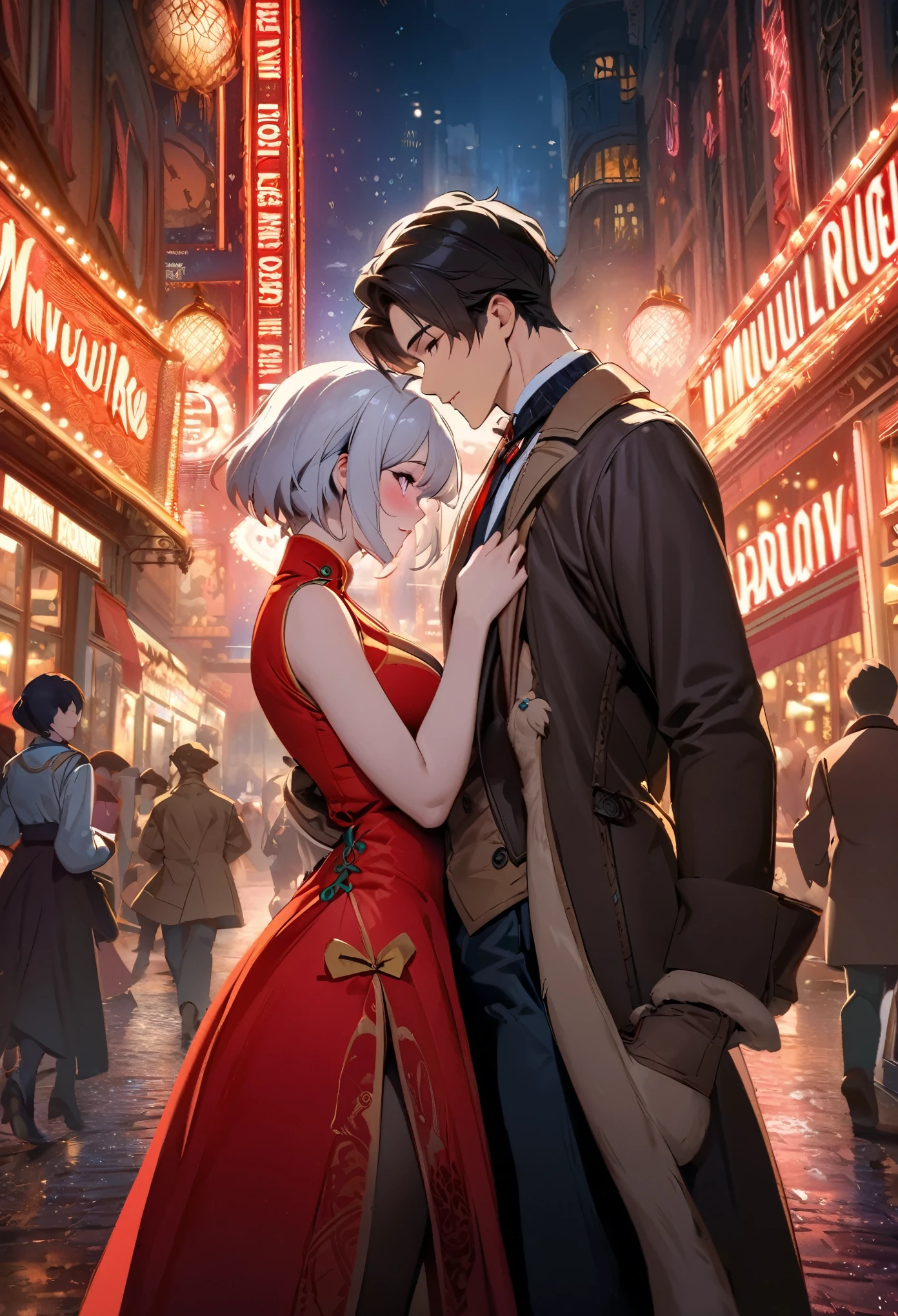 movie poster, movie artwork, concept art of love, romance novel cover, highres, top quality, best quality, perfect artwork, absurdres, perfect anatomy(couple, young 1male detective, 1woman in Chinese dress)(furry, kemono, anthro) in a city street at night, moulin rouge,