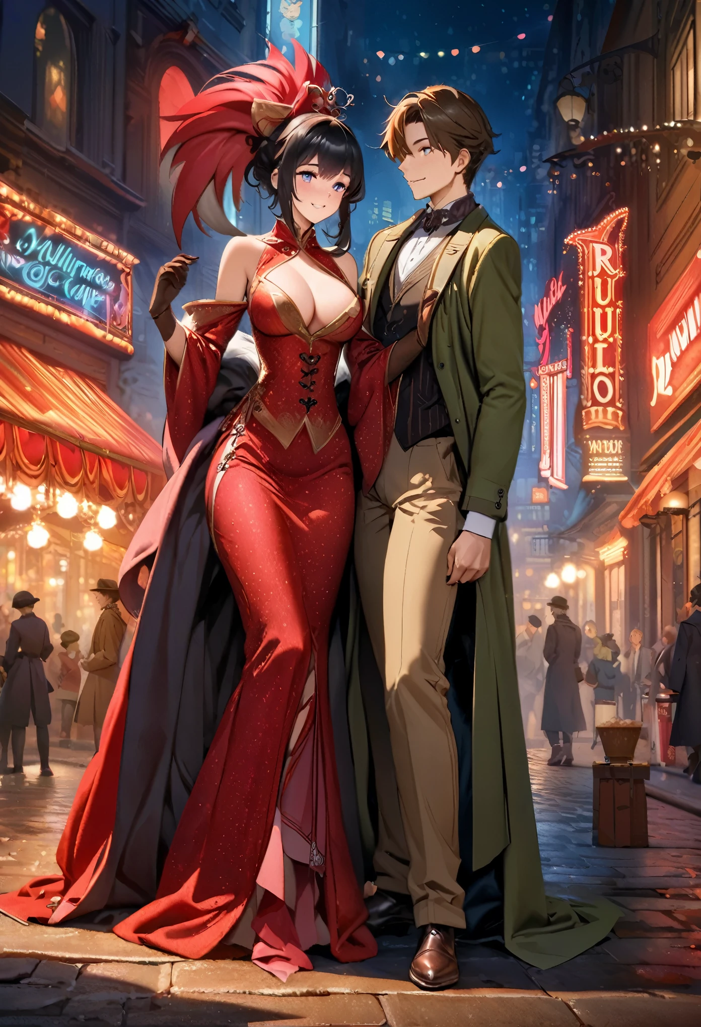 movie poster, movie artwork, concept art of love, romance novel cover, highres, top quality, best quality, perfect artwork, absurdres, perfect anatomy(couple, young 1male detective, 1woman in Chinese dress)(furry, kemono, anthro) in a city street at night, moulin rouge,