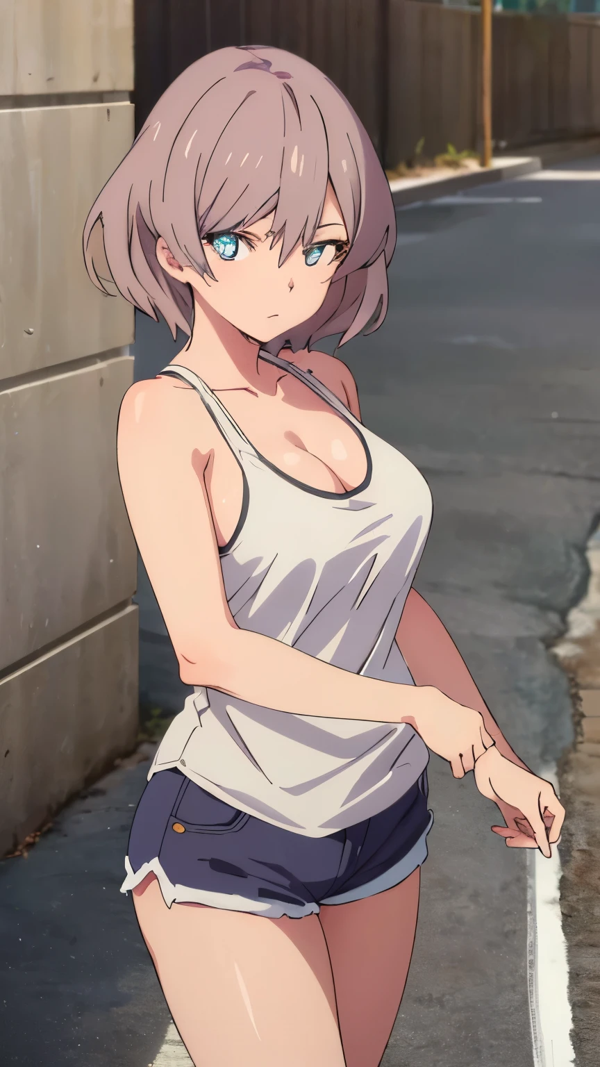 anime, anime coloring,highest quality, High resolution,alone, 1 girl, mujina,20's style, adult women,large medium breasts,Tank top,shorts,beautiful finger,beautiful long legs,beautiful body,beautiful character design, perfect eyes, perfect face,looking at the viewer,in the center of the image,alone,